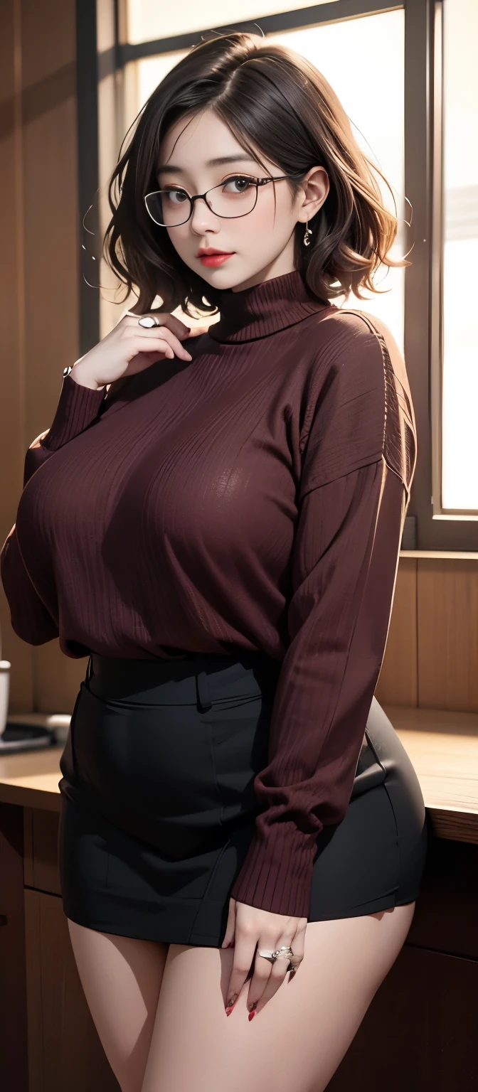 (Best quality,8k,ultra high res:1.2),(Pretty Japanese girl),(Huge breasts:0.8),(dark maroon sweater), (thick thighs:0.9), (obese body), (glasses), (SFW), (fat thighs:0.8), (short wavy hair ), wavy short hair , thick cheeks , thick thighs , wearing a bracelet , wearing a ring