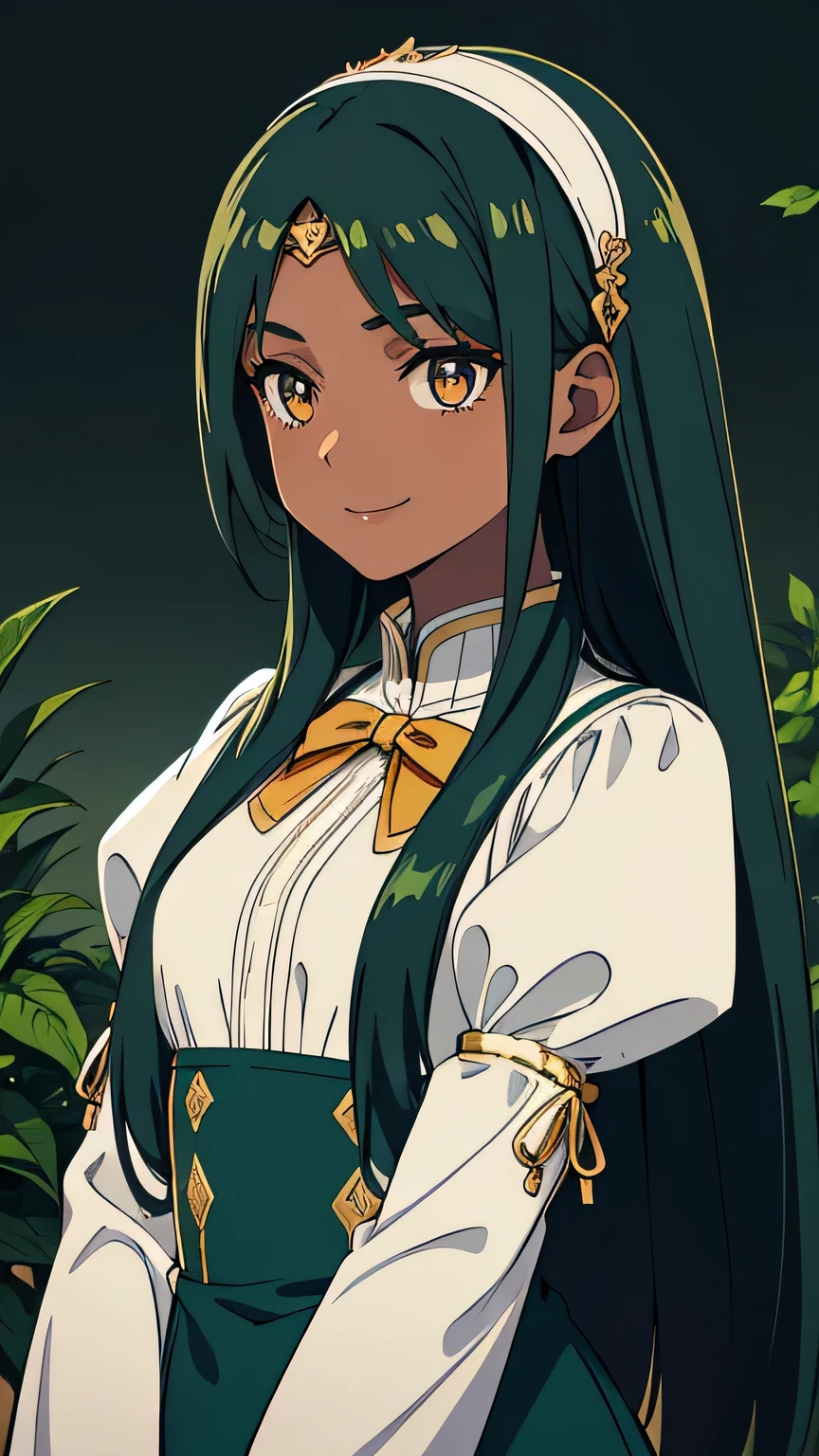 (high-quality, breathtaking),(expressive eyes, perfect face) 1girl, female, solo, 18 years old , dark skin, ((gold colored eyes, detailed pupils)), long length hair, dark teal green hair color, loose hair, twin braids hanging in front of chest , wavy hair, smirking, white and teal dress, magical girl clothing, mahou shojo, long sleeves, detached sleeves, leaf pattern on dress, winged headband, night, forest background, portrait, upper body, magic, smile, small breasts