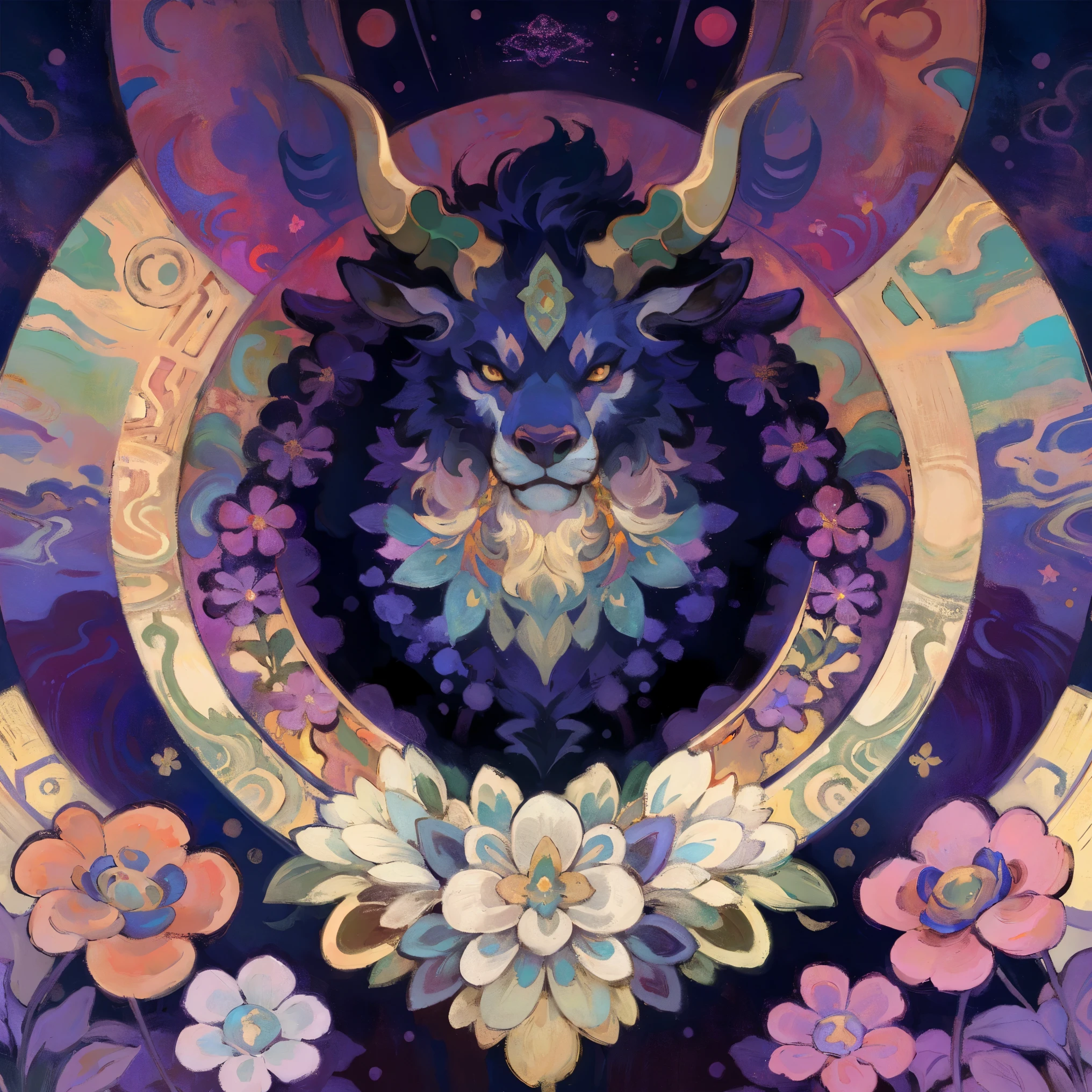 Cover, Perfume poster, kaleidoscope, Rozmin trip, vector art, High-quality illustrations by Alfons Mucha, masterpiece(Beast field, Furry personification)Logo, round, Colorful flowers,