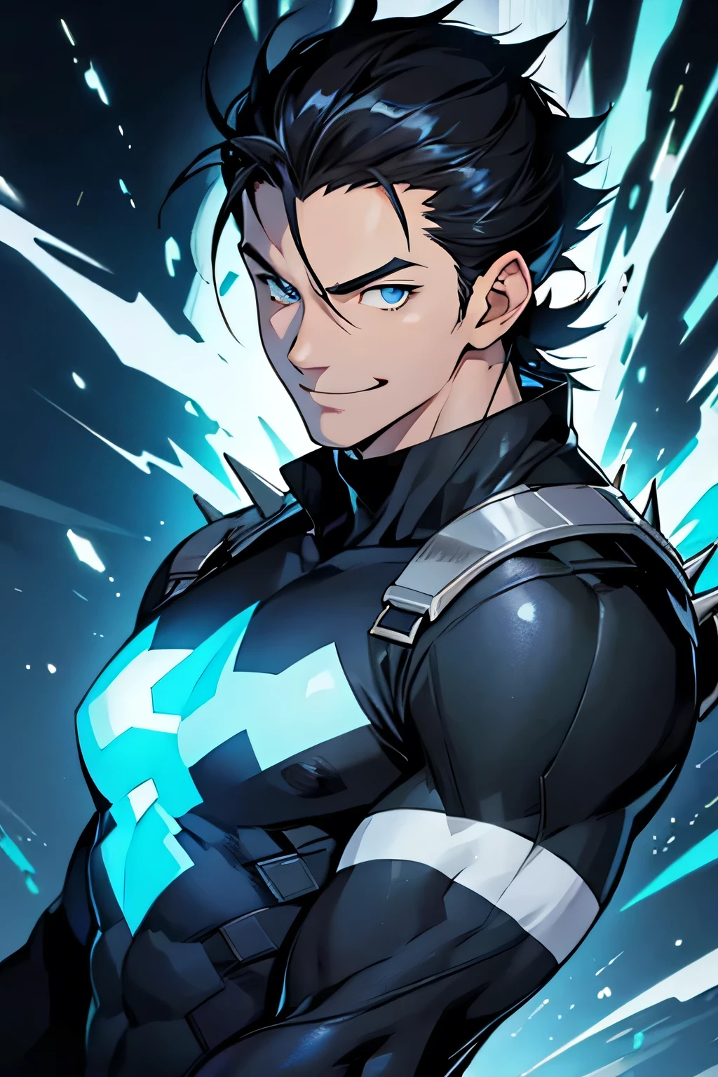 man, white skin, smile, strong, black spiky hair, anime style, style, superhero costume, blue eyes
