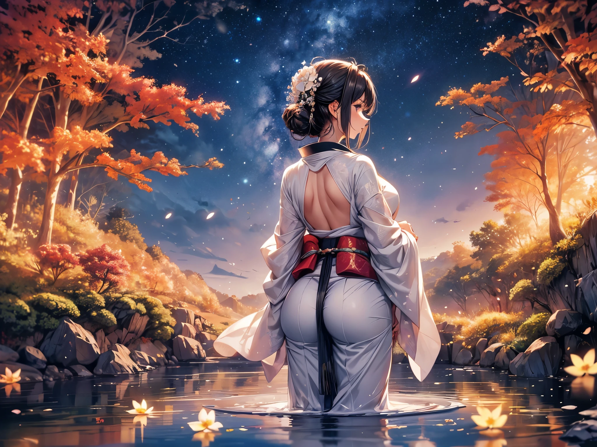  Ultra-delicate, Clear focus, (high resolution), Deformed depth of field blurred background, Detailed background, Perfect layer cutting, Atmospheric distance sense, artistic, (full-body shot/Cowboy shooting/Rear view/Top view/Top view), 8K, wallpaper, Micro light, complicated, familiar, black magician, particle, constellation, Stardust, universe, ((flower)), comfortable peace, peaceful, Japan, Himiko, kimono, With crystal, Fortune Telling, time and space,