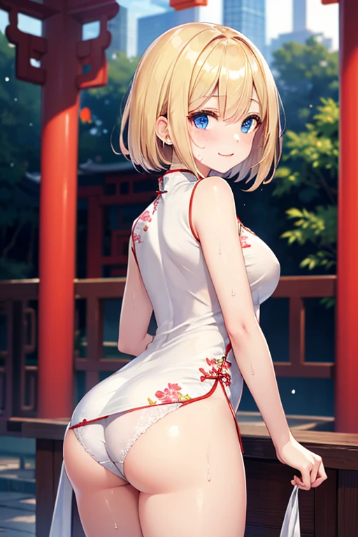 (masterpiece,highest quality,超A high resolution),Japanese women, (((Very beautiful 18 year old girl))), pretty girl、Look at the photographer、 ((Beautiful blonde bob hair)), Very cute face, Glossy Lips, Double eyelids on both eyes, blue eyes, Natural smile、 Natural Makeup, Long eyelashes, Shiny and smooth hair、Center image, Perfect limbs, Perfect Anatomy,(((Shiny Chinese Dress white panties))),Show panties、Bite、Streaks are visible、Wet with sweat,Cowboy Shot,Accentuate your butt、Big Ass、