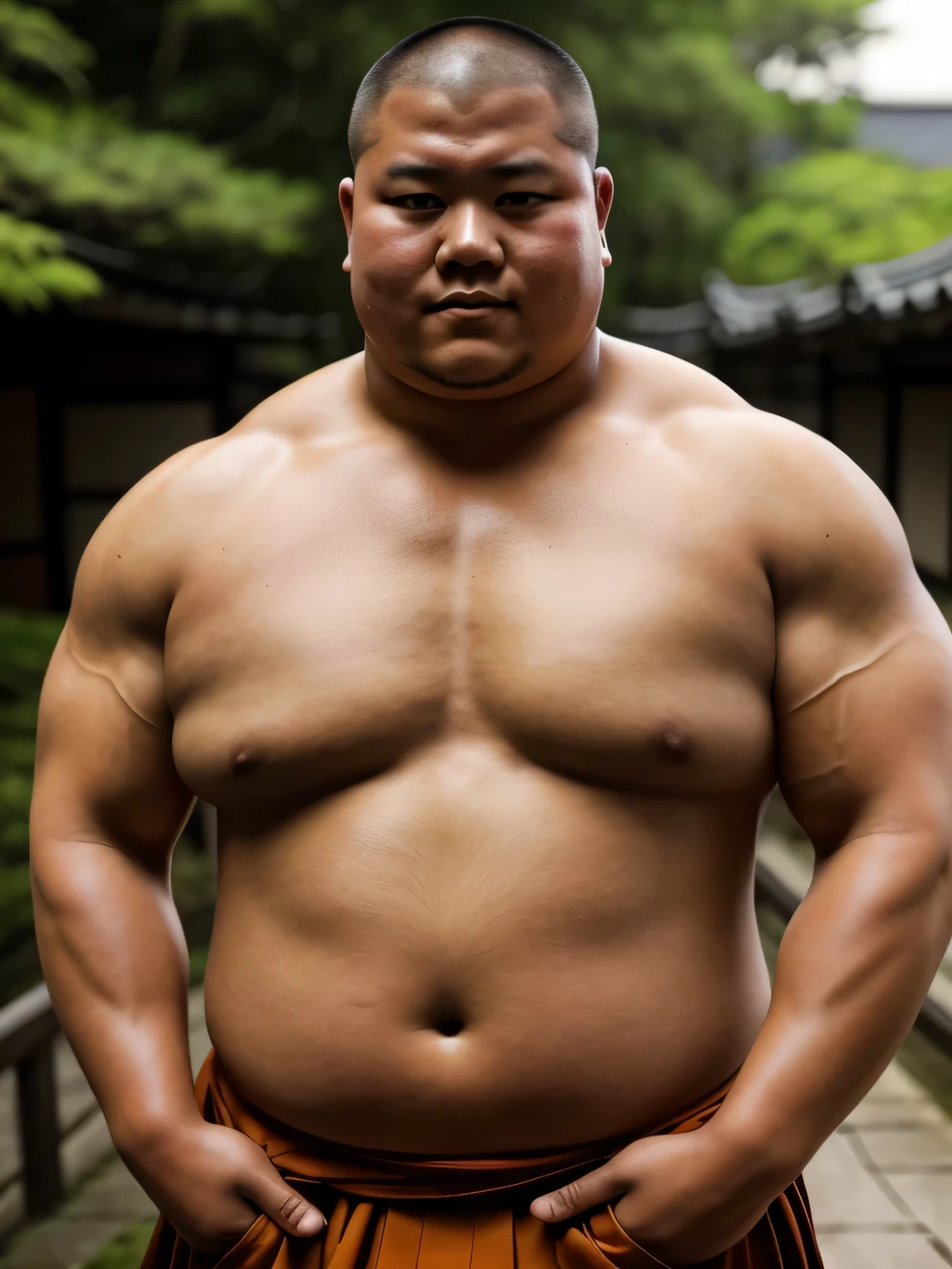 A young monk from ancient Japan, who looks like a fat bodybuilder like a sumo wrestler、He was standing there with a sunburned face and a haggard look on his face.
