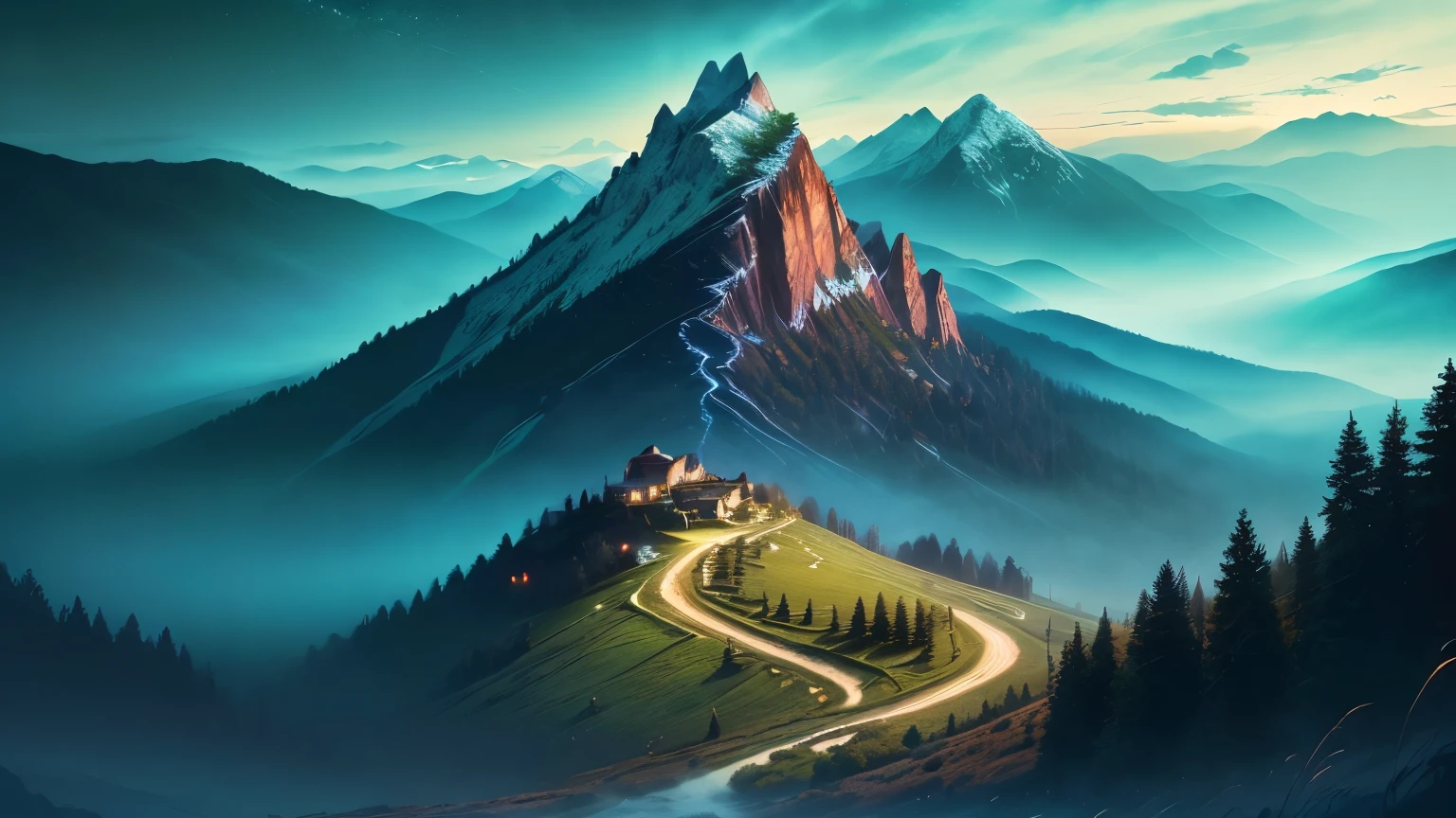 (masterpiece, best quality:1.4), cinematic light, fancy, high contrast, mountain, grass, tree, night, (fear (subject):1.2), (my(masterpiece, best quality:1.4), (captivating digital art), cinematic lighting, fancy, high contrast, eerie mountain landscape, lush grass, twisted trees, night scene,