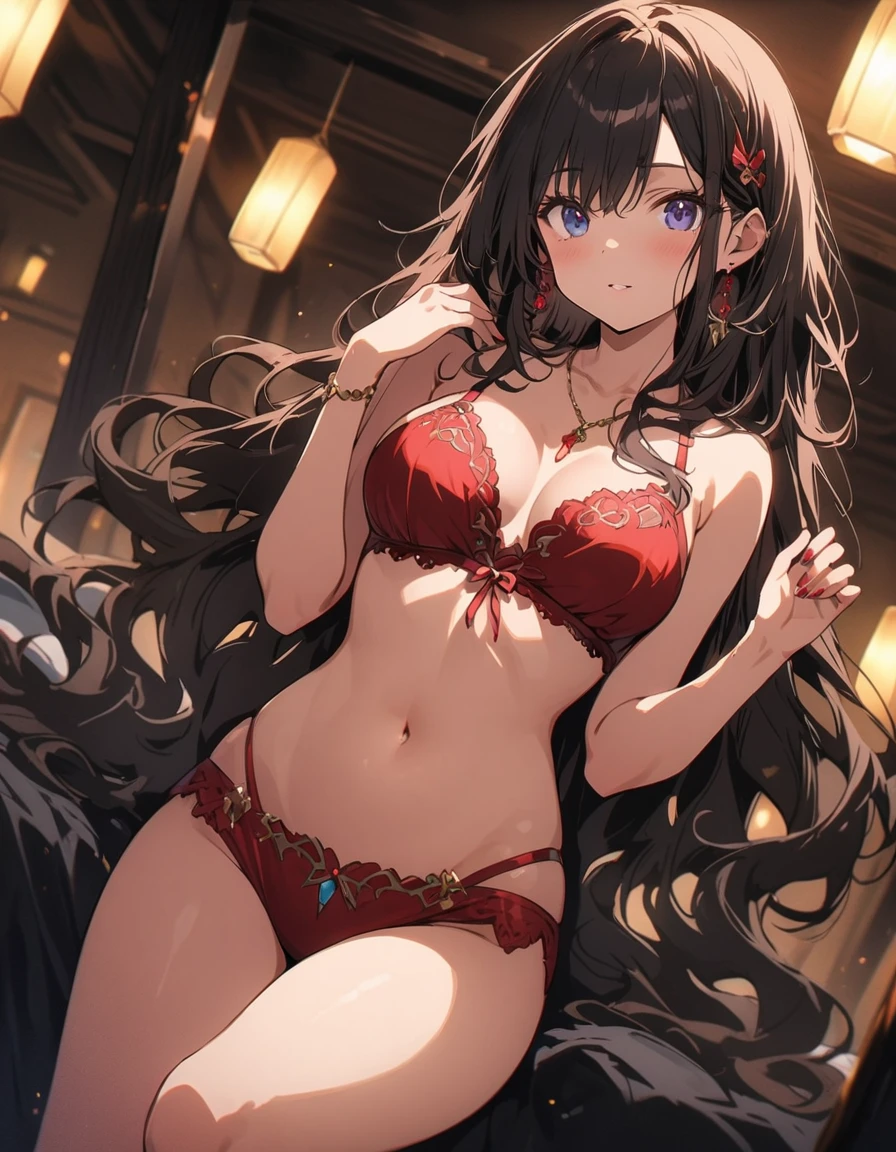 One beautiful woman、(Wearing red sexy lingerie:1.2、valley、Thighs)、Hot and beautiful posing model, Full Body、Curly black hair, Dark blue eyes, Sensual look、Indoors at night、Lying on the bed、Background Blur、(highest quality、masterpiece、High resolution、detailed)、animeスタイル、Flat Style、(Beautiful Eyes, Delicate and beautiful face、Glowing Skin),  BREAK,extremely detailed、Cinematic lighting、High saturation,floating、Dynamic Angle、anime