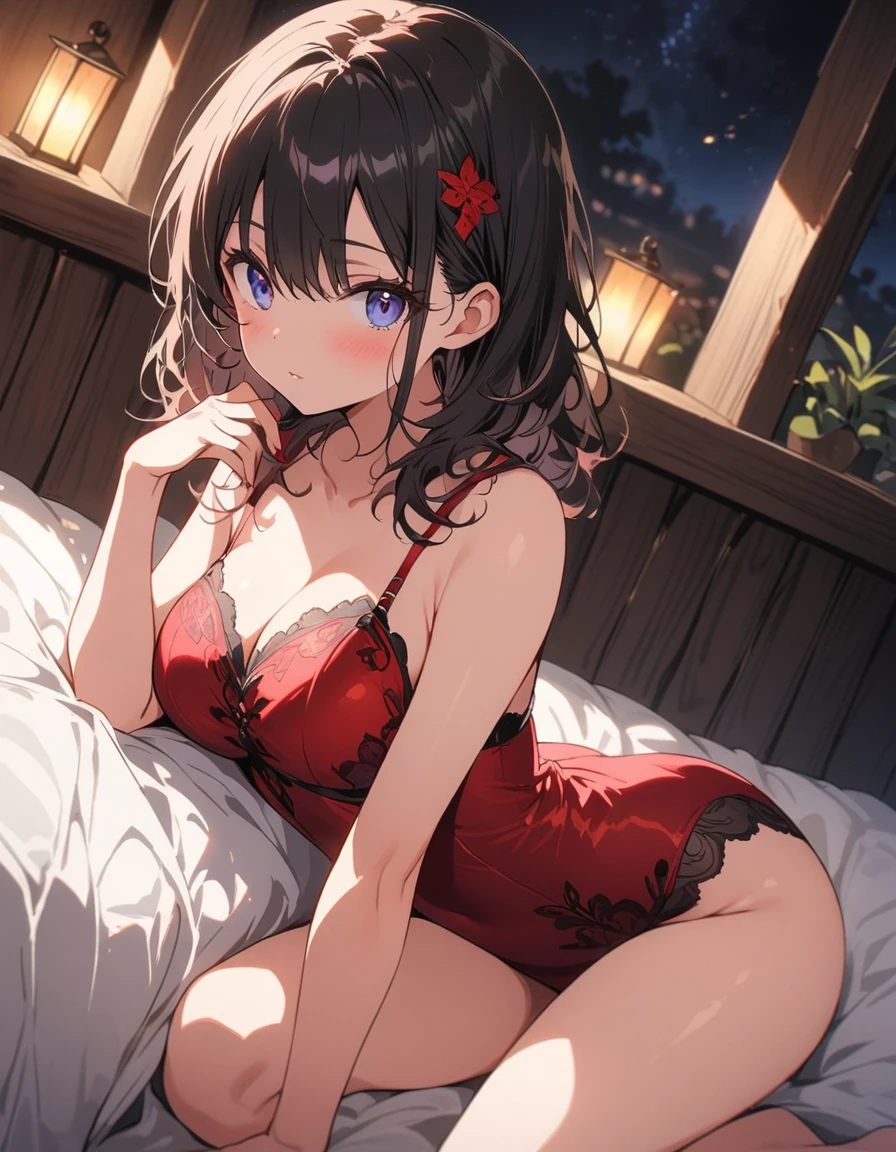 One beautiful woman、(Wearing red sexy lingerie:1.2、valley、Thighs)、Hot and beautiful posing model, Full Body、Curly black hair, Dark blue eyes, Sensual look、Indoors at night、Lying on the bed、Background Blur、(highest quality、masterpiece、High resolution、detailed)、animeスタイル、Flat Style、(Beautiful Eyes, Delicate and beautiful face、Glowing Skin),  BREAK,extremely detailed、Cinematic lighting、High saturation,floating、Dynamic Angle、anime