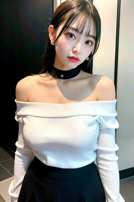 highest quality, Ultra-high resolution, Realistic, One Girl, Off-the-shoulder white shirt, Black tight skirt, Black Choker, Faded grey hair, Huge, Look Viewer,Huge、Large Breasts、close