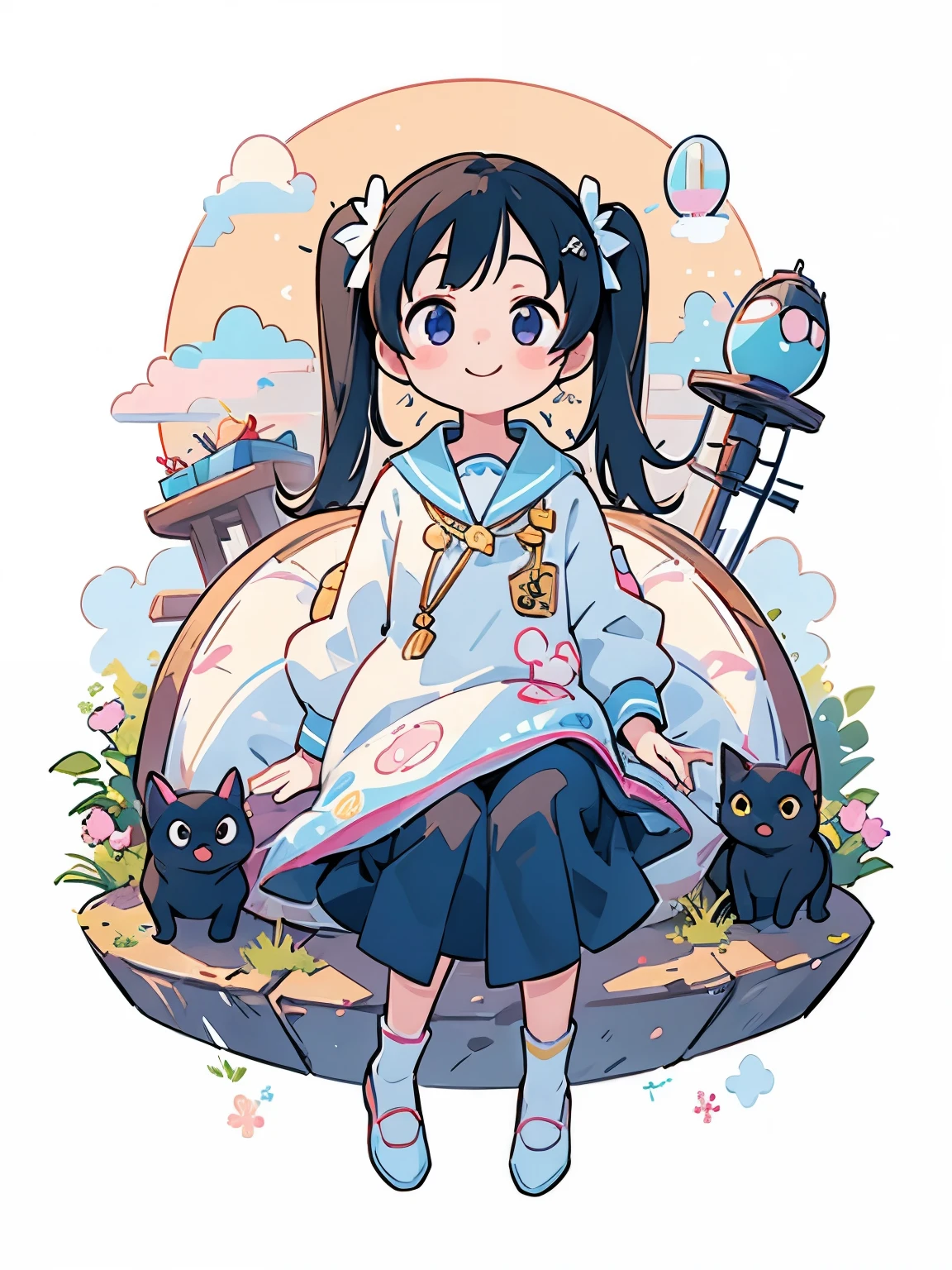 (masterpiece、highest quality、highest quality、Official Art、Beautiful and beautiful:1.2)、(One girl:1.3)Hatsune Miku、Twin tails,Big Breasts,Stickers, Cute Anime Girl, （長いTwin tailsの銀白色の髪）,Purple eyes，Smile，camp site，Teepee，There is only one black cat，In a circle, White Background, Gold-rimmed，simple, Ultra-detailed, Detail view, Vectorized, silhouette, 8k, プロフェッショナルなStickersデザイン, Flat Design, Vector line, Stickers, drawing, drawing, Full HD，Neon Frame，Fluorescent lamp，Transparency，Cute clothes，Outdoor，Sea side