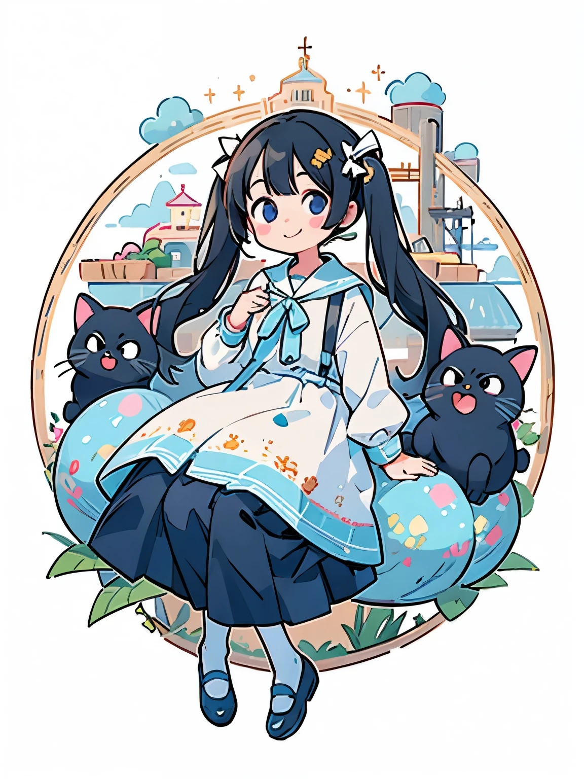 (masterpiece、highest quality、highest quality、Official Art、Beautiful and beautiful:1.2)、(One girl:1.3)Hatsune Miku、Twin tails,Big Breasts,Stickers, Cute Anime Girl, （長いTwin tailsの銀白色の髪）,Purple eyes，Smile，camp site，Teepee，There is only one black cat，In a circle, White Background, Gold-rimmed，simple, Ultra-detailed, Detail view, Vectorized, silhouette, 8k, プロフェッショナルなStickersデザイン, Flat Design, Vector line, Stickers, drawing, drawing, Full HD，Neon Frame，Fluorescent lamp，Transparency，Cute clothes，Outdoor，Sea side