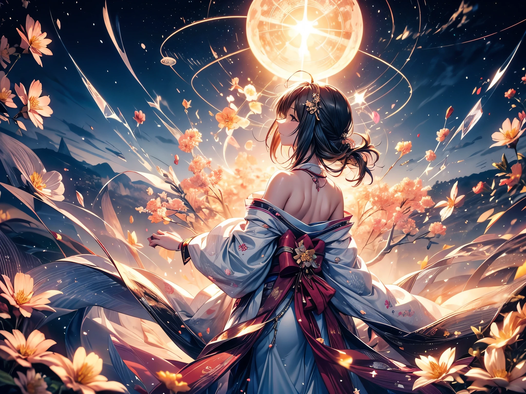 Ultra-delicate, Clear focus, (high resolution), Deformed depth of field blurred background, Detailed background, Perfect layer cutting, Atmospheric distance sense, artistic, (full-body shot/Cowboy shooting/Rear view/Top view/Top view), 8K, wallpaper, Micro light, complicated, familiar, black magician, particle, constellation, Stardust, universe, ((flower)), comfortable peace, peaceful, Japan, Himiko, kimono, With crystal, Fortune Telling, time and space,