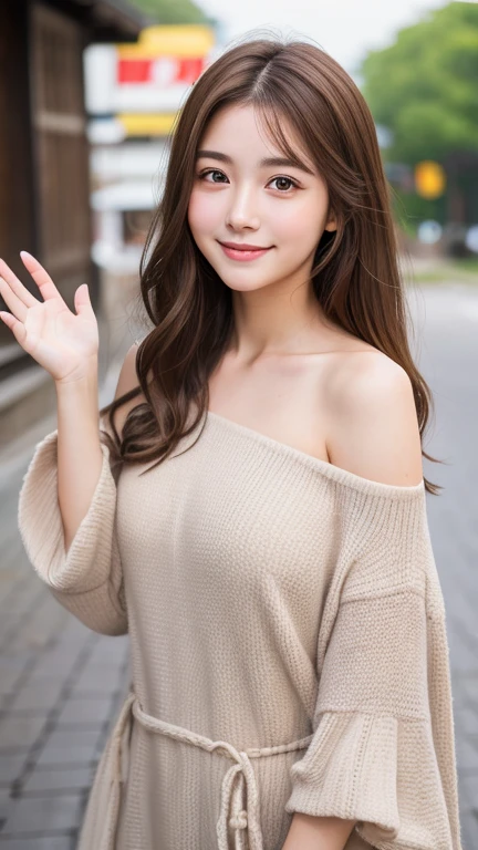 Brown Hair,Medium Hair,20-year-old female, With the correct face, Cute natural smile, Japanese facial features, A clean and cute face, Realistic portraits, 8K Photo, Soft Makeup,Natural skin texture,Raw photo,highest quality,Full Body Shot,Waving,Off Shoulder