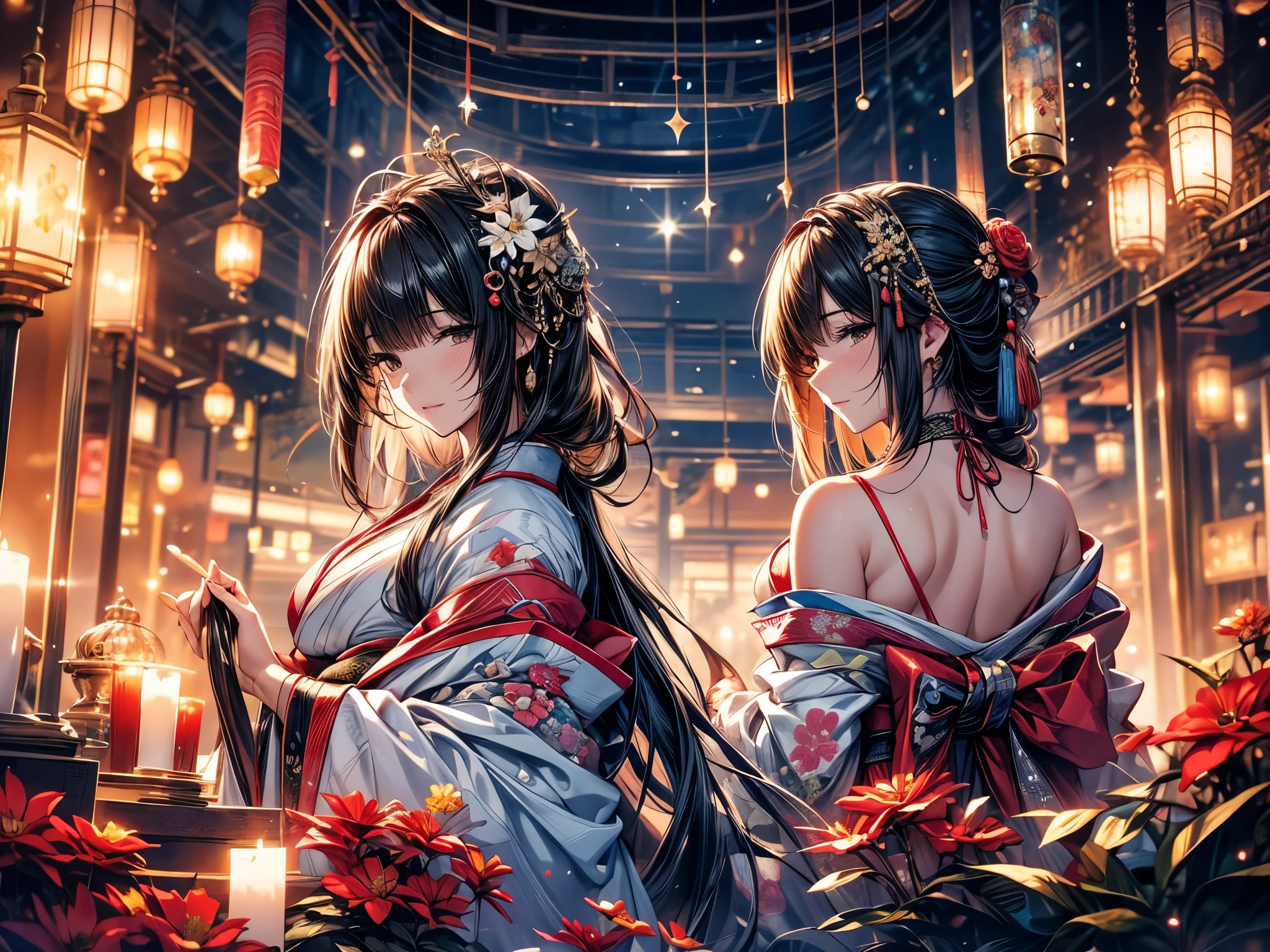  Ultra-delicate, Clear focus, (high resolution), Deformed depth of field blurred background, Detailed background, Perfect layer cutting, Atmospheric distance sense, artistic, (full-body shot/Cowboy shooting/Rear view/Top view/Top view), 8K, wallpaper, Micro light, complicated, familiar, black magician, particle, constellation, Stardust, universe, ((flower)), comfortable peace, peaceful, Japan, Himiko, kimono, With crystal, Fortune Telling, time and space,