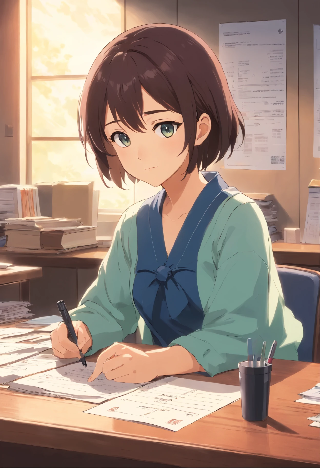A woman sitting at a table with documents and a microphone,Face is directly in front deayami kojima, yuuka kazami, Ayamin to whom, ayami kojima amano, rinko kawaichi, aya takano, Kaoru Mori, nanae kawahara, Kazue Kato, chiaki nanami, chiho ashima, itsuko azuma
