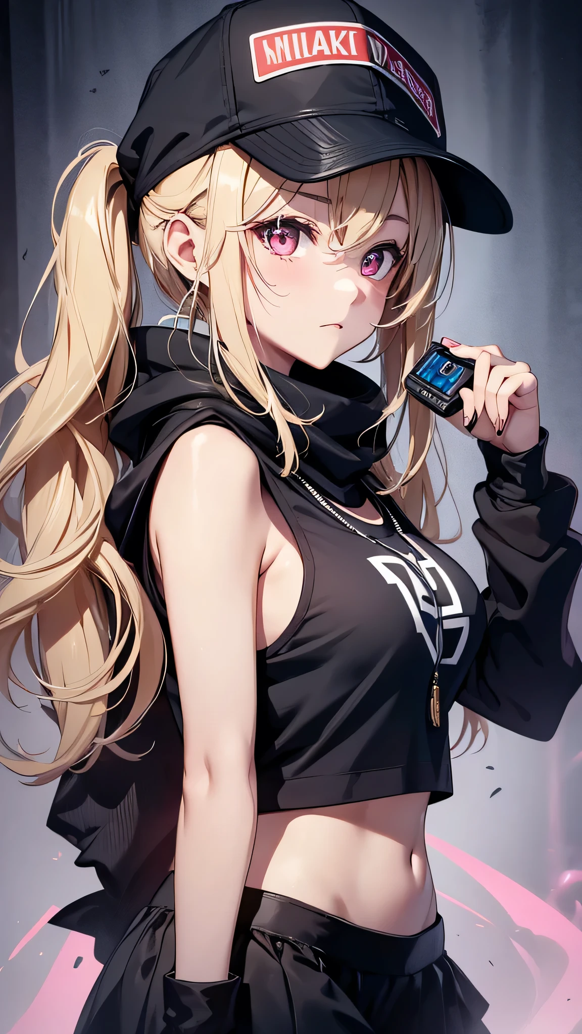 最high quality、Best image quality、masterpiece、girl((18-year-old、 By becoming、Best Bust、Medium Bust,Wide open breast tea、Red glowing eyes,Blonde、Disheveled Hair、Twin tails、thin,The highest valley、Open chest、Luminous Wristbands、hat、hair ornaments、luminous necklace、Black sleeveless hoodie(1:2)、Blue short skirt、Disheveled clothing、Show the whole body,Low - Angle、Hacker-like、sweating、lure、Black cute mask、Leaning against a wall、Black scarf、Holding a penlight、Sad face、Chain Accessories、handcuffs)),high quality、Beautiful art、background((Black Room、Black Wall、Black furniture、Big black TV、Black PC))、Flight、Flying debris、Written boundary depth、movie、Visual Arts、Perfect art、8K,Genuine,