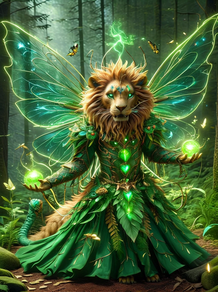 A fantastic, imaginary creature named Liom. This creature has the body of a lion, but instead of fur, its body is covered in luscious green leaves. It has a pair of dragonfly wings and can shine bright like a light bulb when it's dark. Its eyes are as clear as crystal balls, reflecting anything that is in front of it. Its roar sounds like the mixture of a lion's roar and the melodies of a beautiful song. It spends most of its time wandering around in deep forests, bathed in the glow of the forest under the shimmering moonlight.