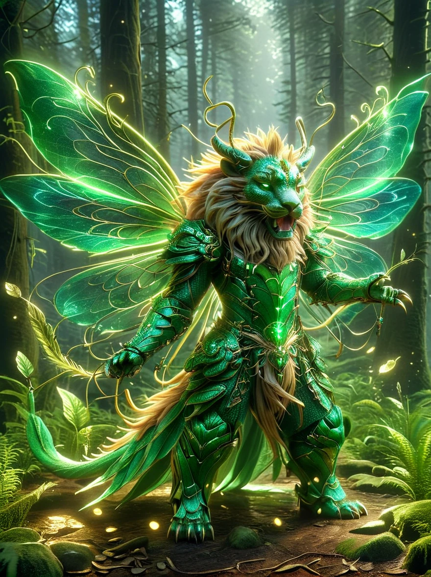 A fantastic, imaginary creature named Liom. This creature has the body of a lion, but instead of fur, its body is covered in luscious green leaves. It has a pair of dragonfly wings and can shine bright like a light bulb when it's dark. Its eyes are as clear as crystal balls, reflecting anything that is in front of it. Its roar sounds like the mixture of a lion's roar and the melodies of a beautiful song. It spends most of its time wandering around in deep forests, bathed in the glow of the forest under the shimmering moonlight.