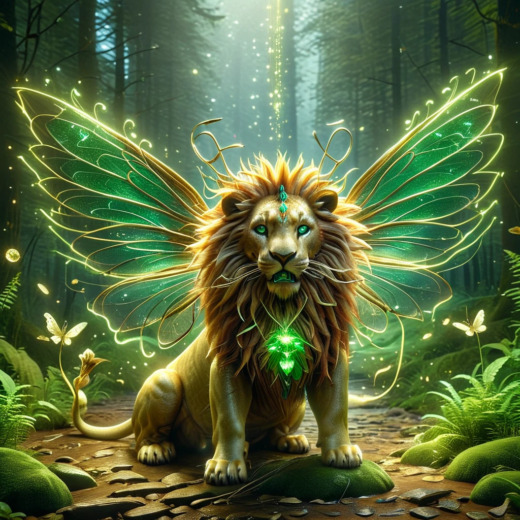 A fantastic, imaginary creature named Liom. This creature has the body of a lion, but instead of fur, its body is covered in luscious green leaves. It has a pair of dragonfly wings and can shine bright like a light bulb when it's dark. Its eyes are as clear as crystal balls, reflecting anything that is in front of it. Its roar sounds like the mixture of a lion's roar and the melodies of a beautiful song. It spends most of its time wandering around in deep forests, bathed in the glow of the forest under the shimmering moonlight.