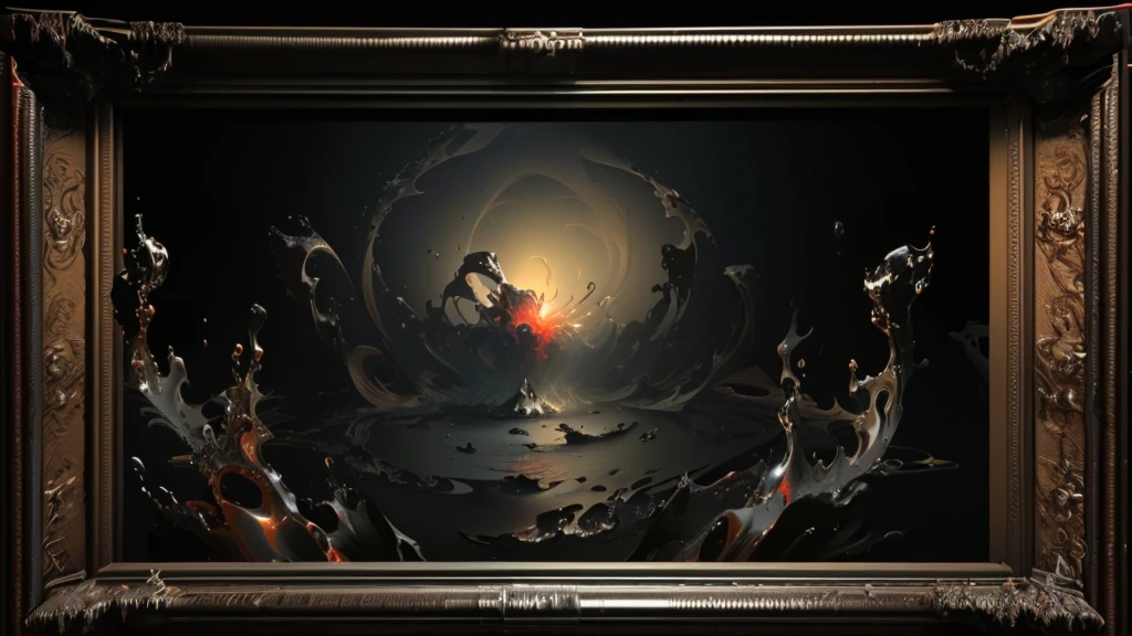 There is a very large red object in the middle of a dark background, 3 d Fluid simulation render, chaotic swirling ferrofluids, rendered in houdini, houdini Fluid simulation, Epic 3D Abstract Model, Fluid simulation in houdini, Fluid simulation, rendered in maya and houdini, rendered, black Fluid simulation, intricate artwork. Octane render