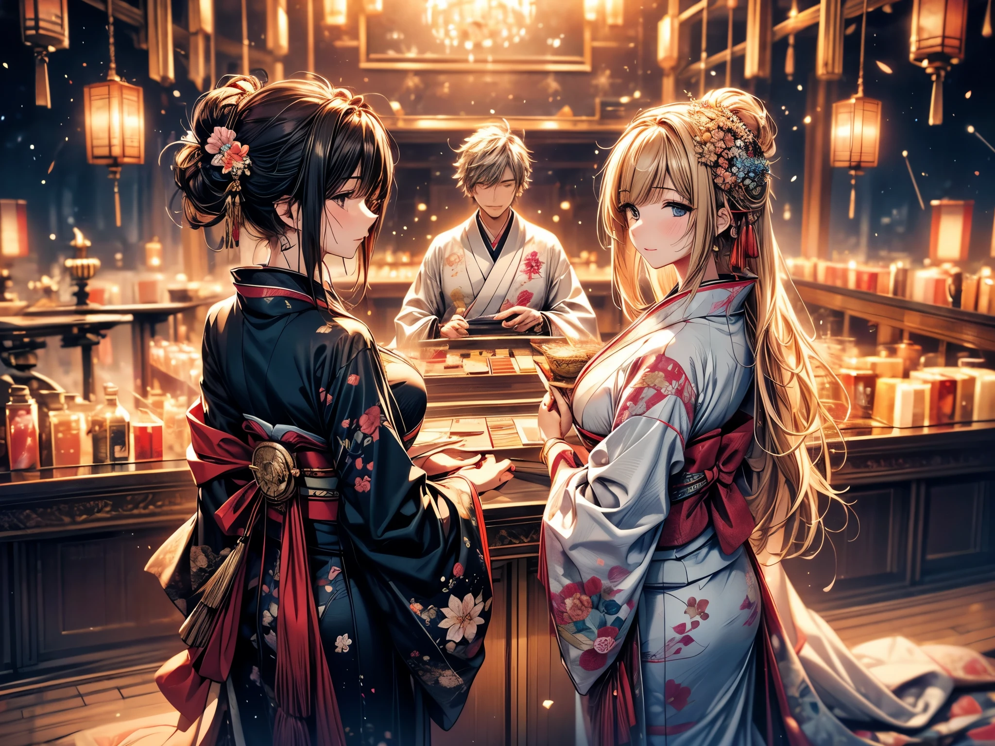 Ultra-delicate, Clear focus, (high resolution), Deformed depth of field blurred background, Detailed background, Perfect layer cutting, Atmospheric distance sense, artistic, (full-body shot/Cowboy shooting/Rear view/Top view/Top view), 8K, wallpaper, Micro light, complicated, familiar, black magician, particle, constellation, Stardust, universe, ((flower)), comfortable peace, peaceful, Japan, Himiko, kimono, With crystal, Fortune Telling, time and space,