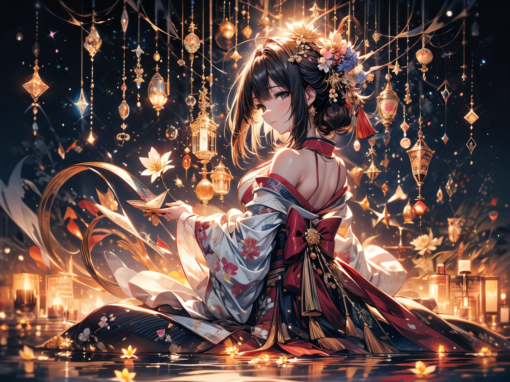 Ultra-delicate, Clear focus, (high resolution), Deformed depth of field blurred background, Detailed background, Perfect layer cutting, Atmospheric distance sense, artistic, (full-body shot/Cowboy shooting/Rear view/Top view/Top view), 8K, wallpaper, Micro light, complicated, familiar, black magician, particle, constellation, Stardust, universe, ((flower)), comfortable peace, peaceful, Japan, Himiko, kimono, With crystal, Fortune Telling, time and space,