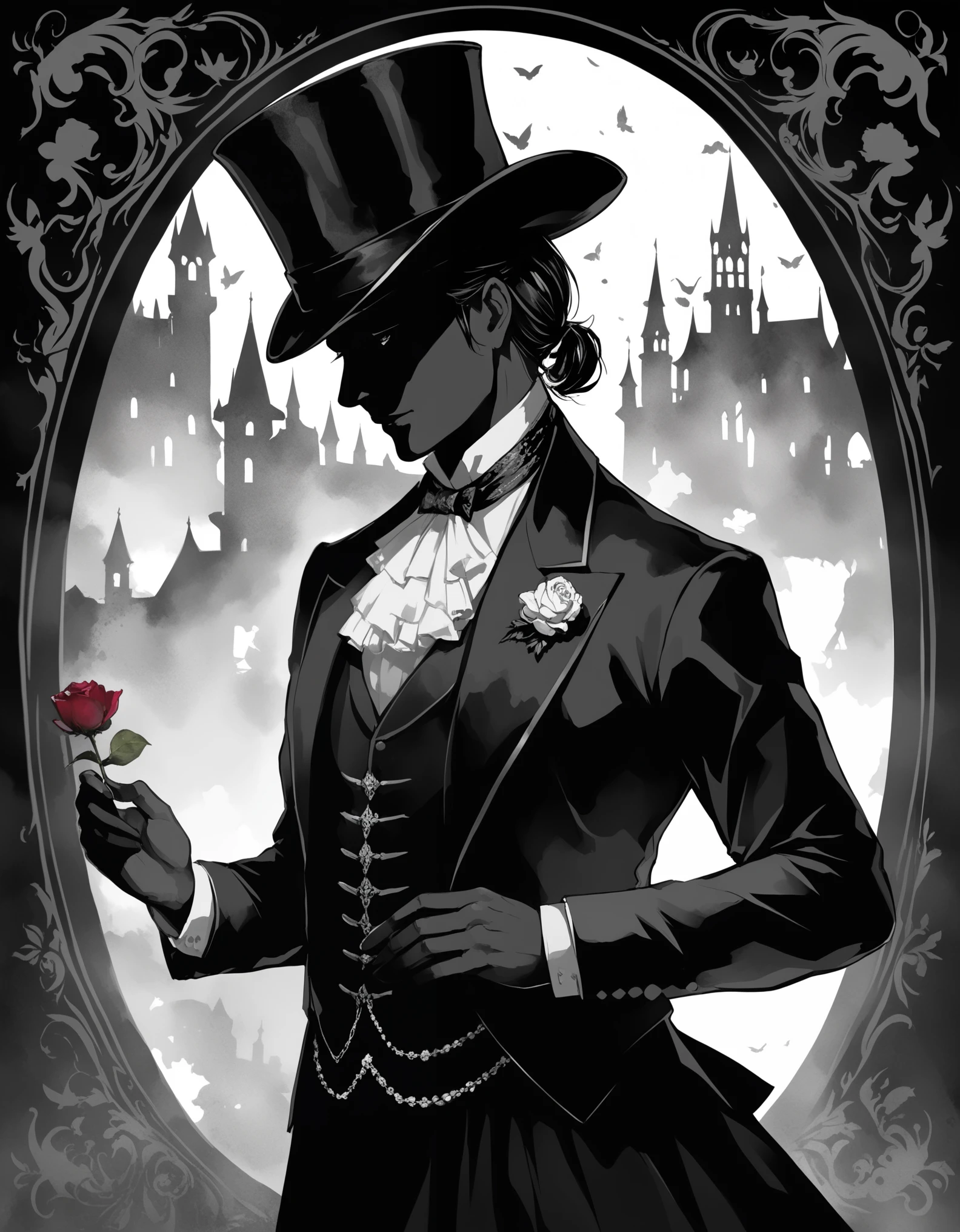 A dark environment，一个美丽的长发女人的Silhouette，A middle-aged gentleman in aristocratic attire，Stroke chest with one hand，Noble etiquette，magical，Silhouette，Black and White，树的SilhouetteNu Goth Art，Cartelcore，BW，Woodcarving，Side Light，Watercolor，Amaro，abstract，Velvia，Flickr，pixiv，One color，Curtsey