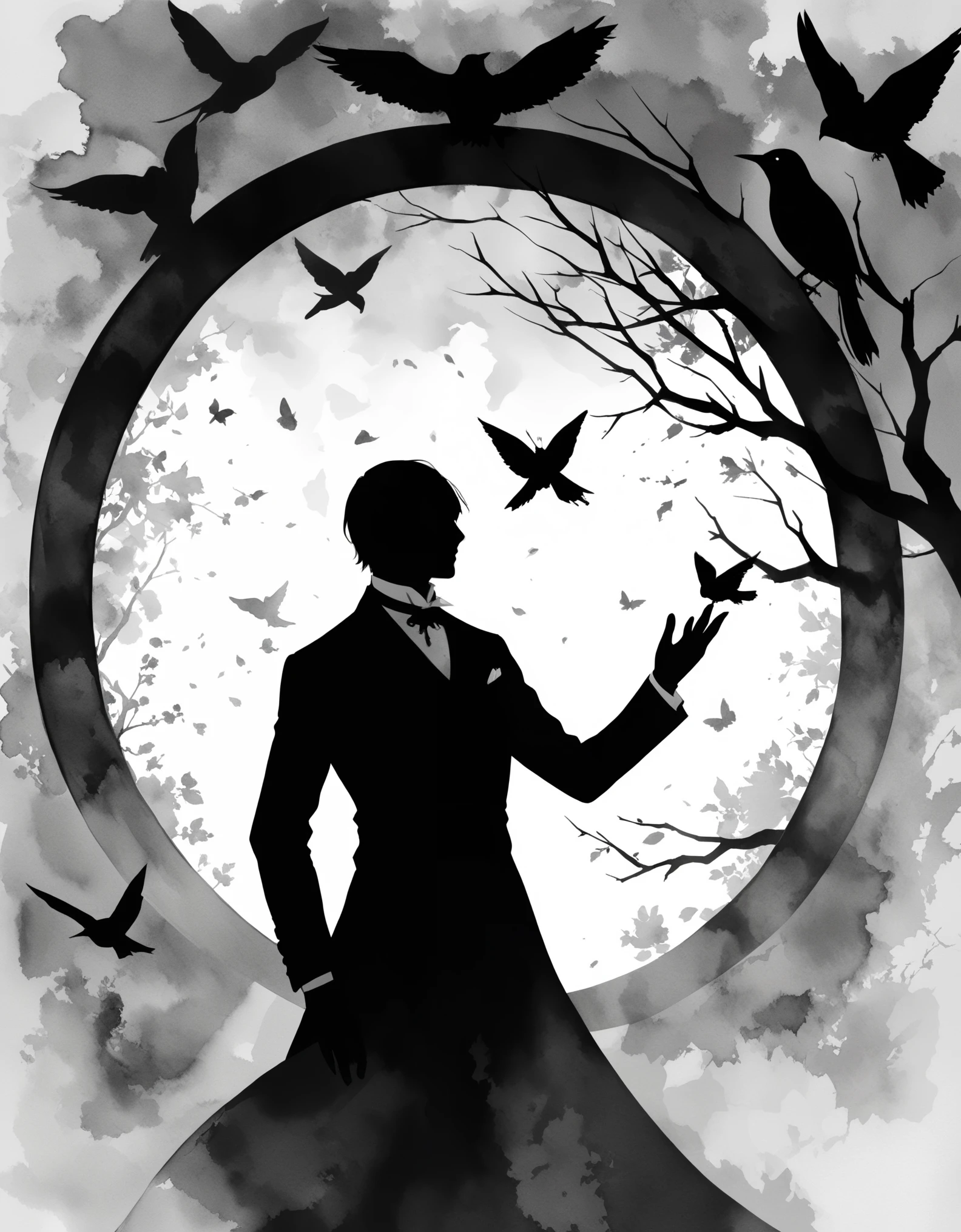 A dark environment,一个美丽的长发女人的Silhouette,A middle-aged gentleman in aristocratic attire,Stroke chest with one hand,Noble etiquette,magical,Silhouette,Black and White,树的SilhouetteNu Goth Art,Cartelcore,BW,Woodcarving,Side Light,Watercolor,Amaro,abstract,Velvia,Flickr,pixiv,One color,Curtsey
