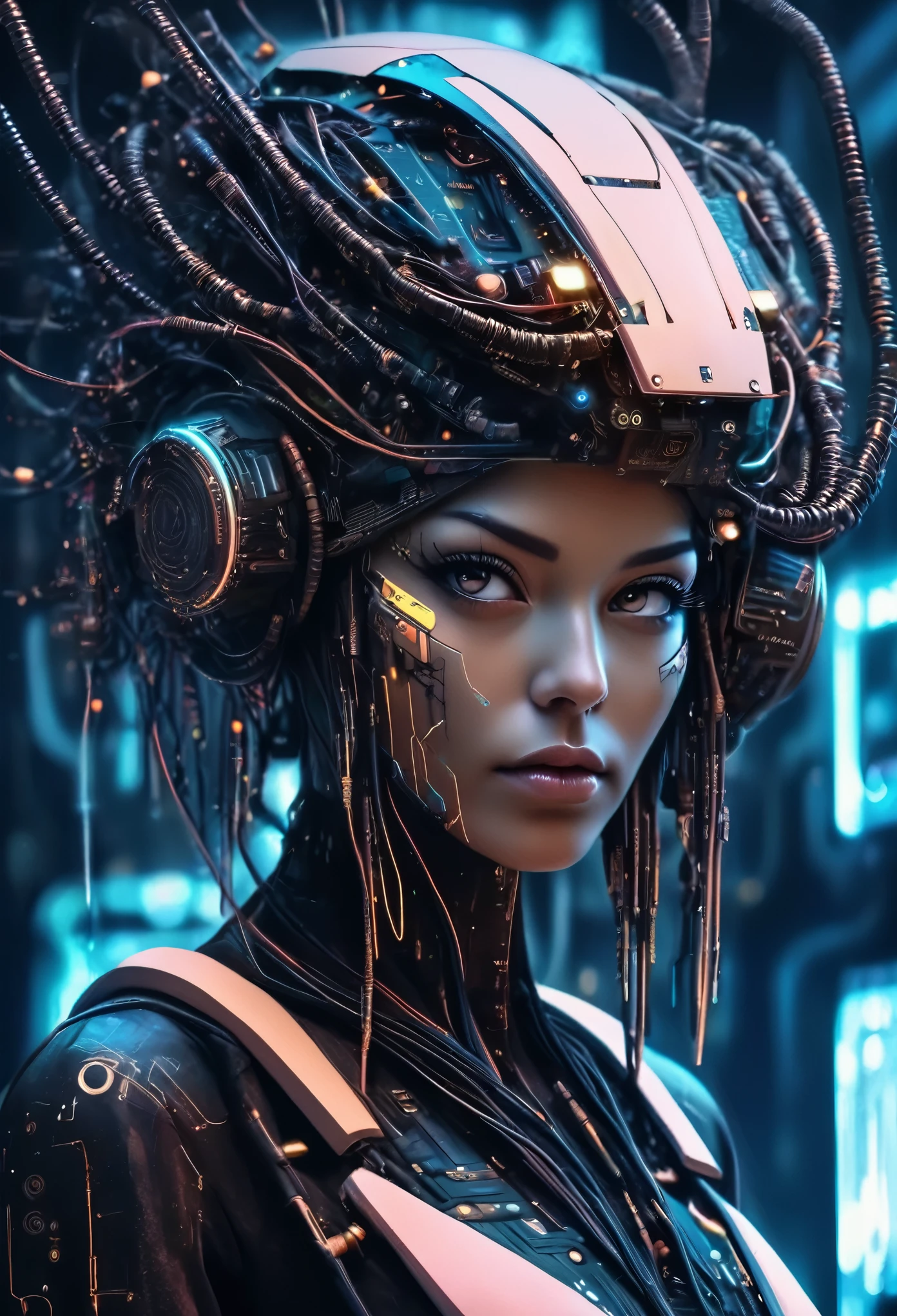 woman with futuristic headdress and futuristic face, Harmoniously integrated with computer chip and electrical wires, spaceship control background, cyberpunk style