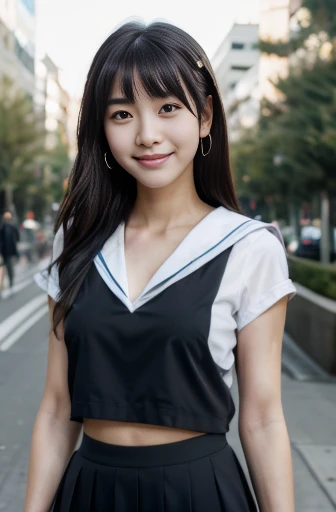 Tabletop, (highest quality),(masterpiece) Realistic,Realistic Ultra-detailed, finely, High resolution, 8K Wallpaper,Anatomically correct body, One cute woman,Japanese,,,smile,(Black Hair:1.3),(Straight long hair:1.4),(Are thin:1.3),Sailor suit,spring,Park during the day,clear,Front lighting