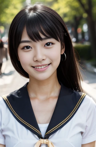 Tabletop, (highest quality),(masterpiece) Realistic,Realistic Ultra-detailed, finely, High resolution, 8K Wallpaper,Anatomically correct body, One cute woman,Japanese,15 years old,,smile,(Black Hair:1.3),(Straight long hair:1.4),(Are thin:1.3),Sailor suit,spring,Park during the day,clear,Front lighting