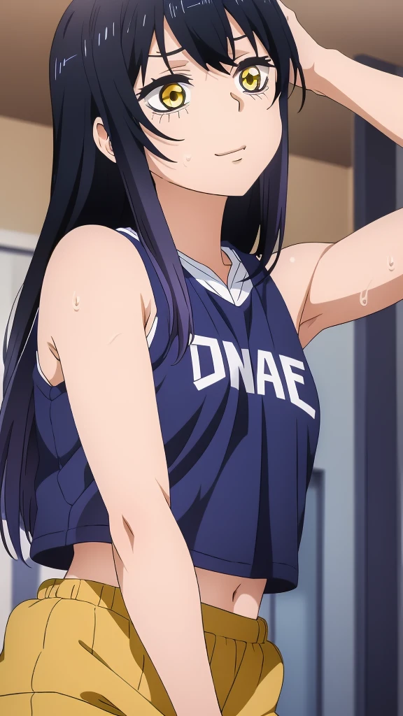 a close up of a person wearing a basketball uniform, a picture, inspired by Kentaro Miura, trending on pixiv, Yotsuya Miko, Mieruko chan,red eyes,long hair, wearing yellow nba jersey, yellow croptop nba jersey, wearing a low cut croptop, wearing croptop, croptop, written "Lakers" on the croptop, golden raito, (winking), shirobako, large)}], favorite scene, fine details. anime. skins, sweating, big breasts, both hands raised, armpits, armpits visible, dripping with sweat, more more sweat, sweaty armpits, smile