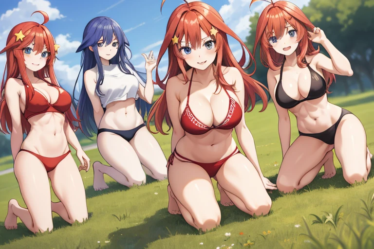 2d, masterpiece, best quality, anime, highly detailed, 5 girl, photo of 5 girl, quintuplets, nakano itsuki, red hair, long hair, star hair ornament, ahoge, large breasts, on all fours, spa, red bikini, outdoors, smile, full body, sexy body, perfect body, yoga poses, abs muscular, belly button, side breasts, back on thigh