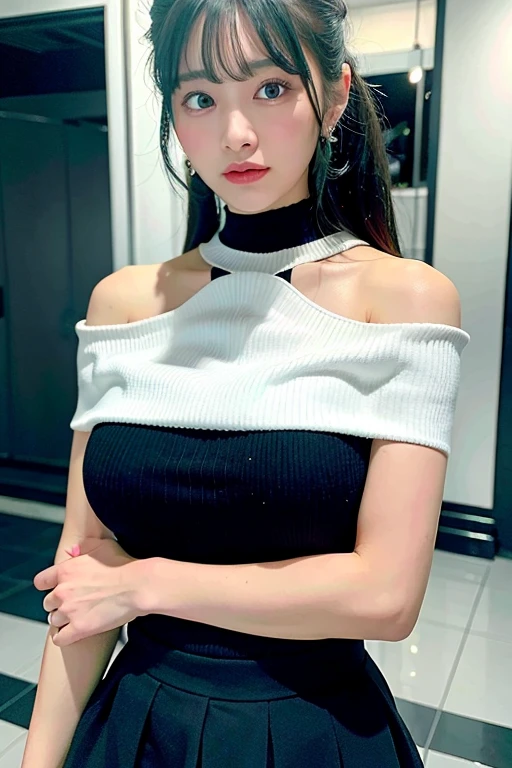 highest quality, Ultra-high resolution, Realistic, One Girl, Off-the-shoulder white shirt, Black tight skirt, Black Choker, Faded grey hair, Huge, Look Viewer,Huge、Large Breasts、close
