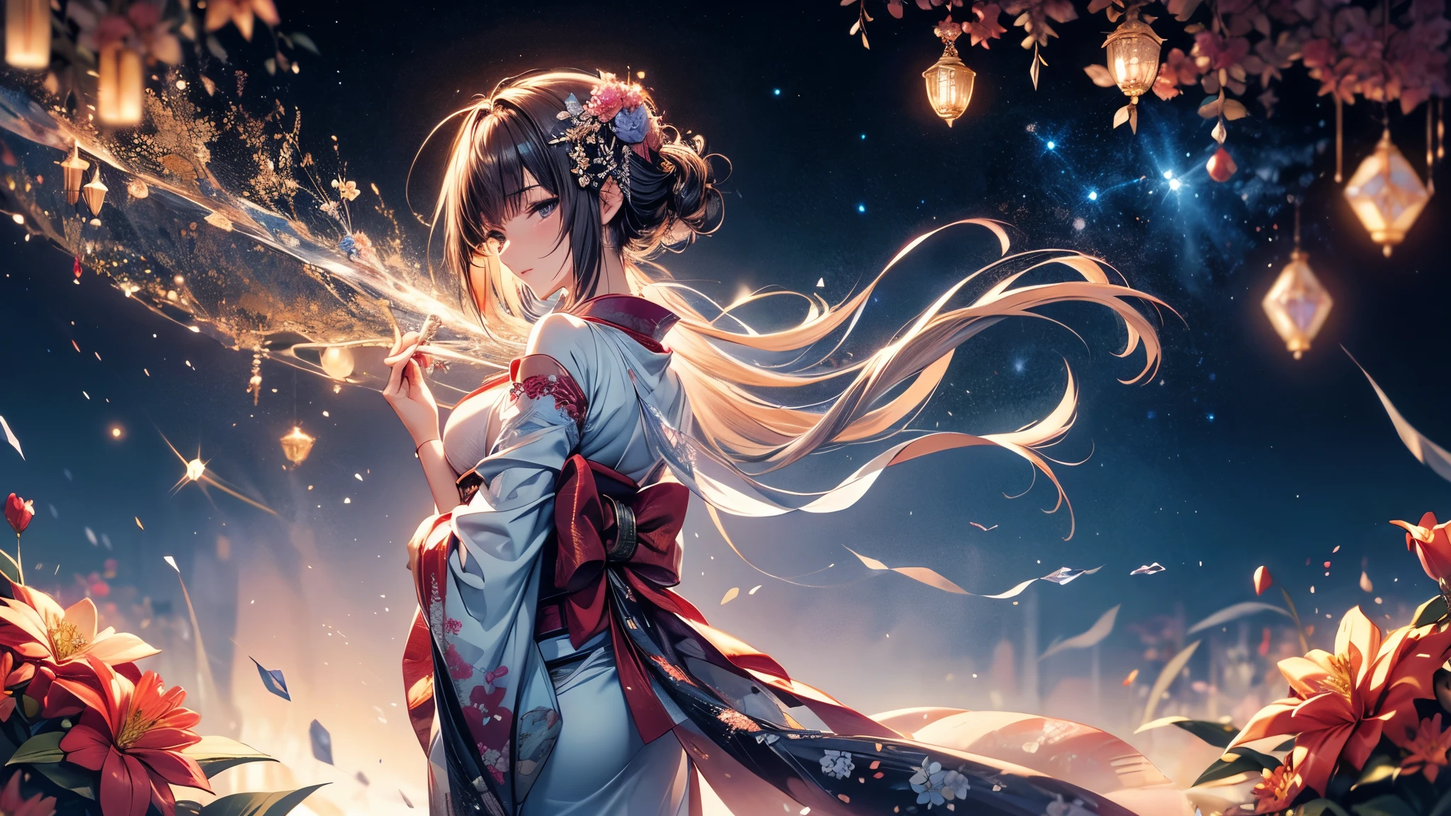 Ultra-delicate, Clear focus, (high resolution), Deformed depth of field blurred background, Detailed background, Perfect layer cutting, Atmospheric distance sense, artistic, (full-body shot/Cowboy shooting/Rear view/Top view/Top view), 8K, wallpaper, Micro light, complicated, familiar, black magician, particle, constellation, Stardust, universe, ((flower)), comfortable peace, peaceful, Japan, Himiko, kimono, With crystal, Fortune Telling, time and space,