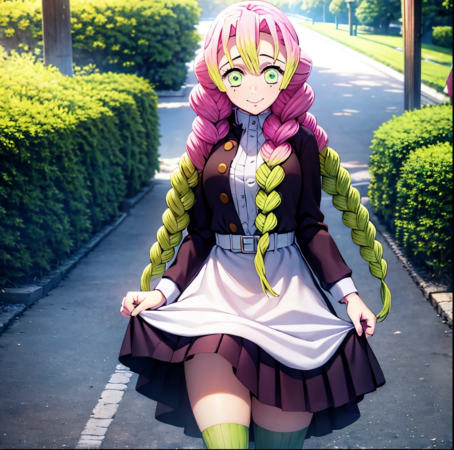 1girl, alone, kanroji mitsuri,masterpiece, best quality, highres, aamitsuri, long hair, braid, multicolored hair, green eyes, mole under eye, large breasts, maid, maid headdress, apron, black dress, skirt hold, smile, garden, standing, perfect hands, perfect anatomy