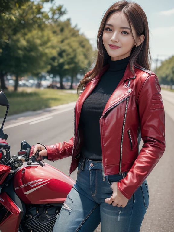 ((highest quality, 8k, masterpiece: 1.3)), sharp: 1.2, Perfect body beauty: 1.4,(((Woman on motorcycle))),Slender body,((Red long sleeve motorcycle jacket and jeans)),Highly detailed face and skin texture,((Full Body Shot)),Natural light,smile