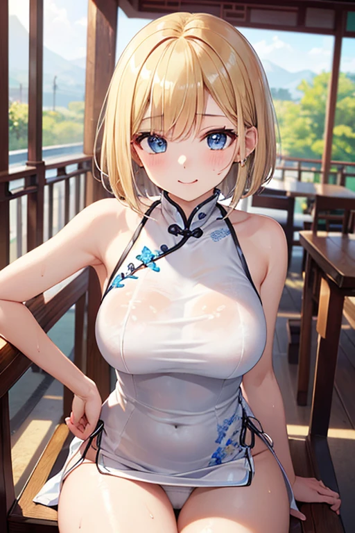 (masterpiece,highest quality,超A high resolution),Japanese women, (((Very beautiful 18 year old girl))), pretty girl、Look at the photographer、 ((Beautiful blonde bob hair)), Very cute face, Glossy Lips, Double eyelids on both eyes, blue eyes, Natural smile、 Natural Makeup, Long eyelashes, Shiny and smooth hair、Center image, Perfect limbs, Perfect Anatomy,(((Shiny Chinese Dress white panties))),Show panties、Bite、Streaks are visible、Wet with sweat,Cowboy Shot,Sit on a chair