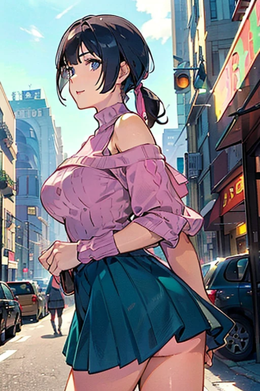 (masterpiece:1.2, top-quality), (realistic, photorealistic:1.4), beautiful illustration, (natural side lighting, movie lighting), 
looking away, (face focus, upper body, from below), 1 girl, japanese, high school girl, 17 years old, perfect face, perfect body, cute and symmetrical face, shiny skin, babyface, tiny, 
(short hair:1.5, (low ponytail):1.6, long sideburns, light brown hair), asymmetrical bangs, dark blue eyes, big eyes, drooping eyes, (middle breasts, posed cleavage,seductive thighs, big ass), 
beautiful hair, beautiful face, beautiful detailed eyes, beautiful clavicle, beautiful body, beautiful chest, beautiful thigh, beautiful legs, beautiful fingers, 
(((off-shoulder pink dress sweater), sleeveless black turtleneck sweater, brown tight mini skirt, ), emerald green hair ribbon), 
(beautiful scenery), evening, (street), standing, (lovely smile, upper eyes, open mouth), (with sparkling eyes and a contagious smile:1.2),looking at Viewer, 
