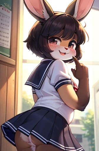 pon pon shit , from below , Hairy rabbit mom , round face , (tilt face:1.1) , (half-open wink:1.2) , moist round eyes , Swollen cheeks , dark color hair , Maternal smile , glossy lips , school sailor , middle skirt , sunny school , bushy crotch , hairy crotch