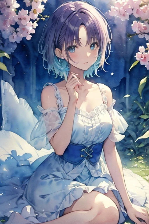 (High quality, 8K), (watercolor paiting:1,2, Soft light:1.5), Upper body, (topaz), Blue,Rainbow Color, One girl, Detailed face, Detailed eyes, watercolor paiting, very magical and dreamy, dreamy and detailed, dreamy atmosphere and drama, Beautiful dreamy lighting, dreamy ambiance, Beautiful atmosphere, Dreamy Romantic, Ethereal dreamy theme, Beautiful atmosphere, Anime Background Art, Magical atmosphere + masutepiece, dreamy aesthetic, Beautiful details with atmosphere,(Toru Asakura: 1.3), (short hair: 1.3), (Parted Bangs: 1.3), (blue hairs、gradation hair、multi color hair、Parted bangs、Purple hair),