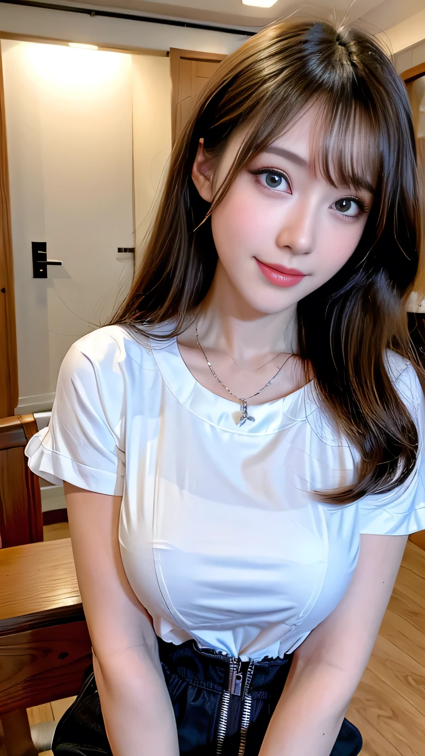 Full Body Angle、((highest quality, 8K, masterpiece: 1.3)), concentrated: 1.2, Cute girl 1,Nipples erect、 Perfect beauty: 1.4,Short sleeve blouse with round neck and frill design in cotton: 1.2,Long sleeve、Randall Color、comics＆Text Graphics、Black ruffle-trimmed drawstring zip blouse,1.1, Highly detailed face and skin textures, Fine grain, double eyelid, whitening skin, ,highest quality,Ultra-high resolution,you,1 girl,alone,_Shiny_skin,Iris,necklace,((Brown_length_Wavy_hair)),(lips)),eyelash,Front hair,deal with,compensate,Shiny,pore,skin texture,Large Breasts、smiling face、Game room、