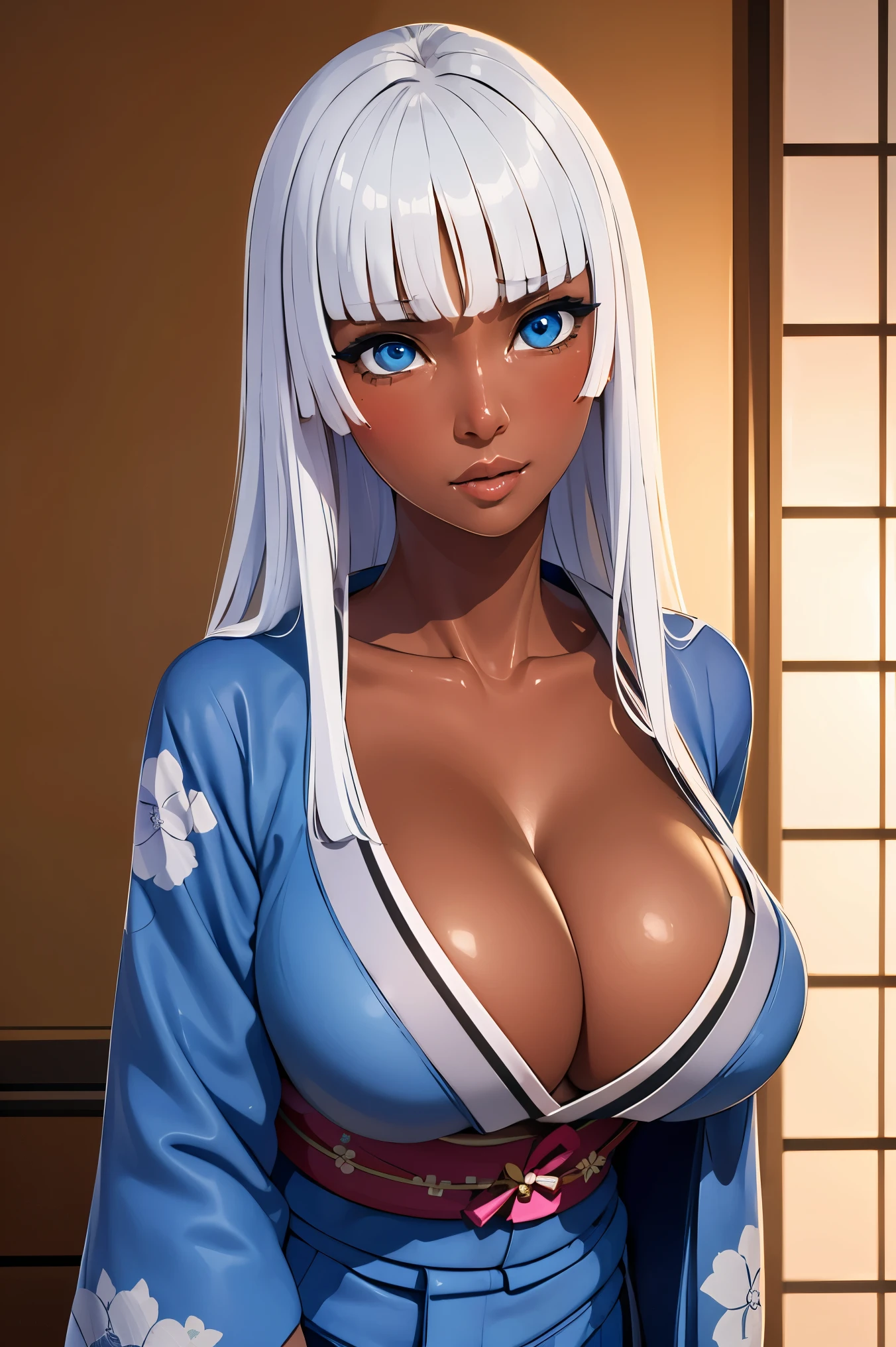 liliana 1girl, solo, long hair, looking at viewer, bangs, blue eyes, white hair, dark skin, blunt bangs, dark-skinned female,
BREAK ((Blue Yakata,kimono,japanese clothes:1.5)) 
BREAK poses in a miniskirt, and unbuttoned blouse, very sexy , (cleavage in V:1.3),
BREAK (masterpiece:1.2), best quality, high resolution, unity 8k wallpaper, (illustration:0.8), (beautiful detailed eyes:1.6), extremely detailed face, perfect lighting, extremely detailed CG, (perfect hands, perfect anatomy),