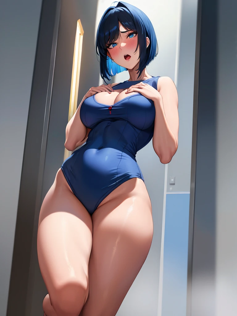 full body,masterpiece, high details, high quality, best quality, anatomically correct, masterpiece, textured skin, super detail,ultra-detailed, best quality, extremely detailed, 8k, high res, realistic, 1girl, 18yo, beautiful girl, (half closed eyes),(narrowed eyes:1.2),(open mouth), (blush:1.2),BREAK,(tanktop:1.4),blue beautiful eyes, medium bob hair, (asymmetrical parted bangs), (dark blue beautiful hair),BREAK,(Lift your chest with your hands:1.5),(voluptuous bust:1.3),(Gaunt , thin waist:1.3),looking at viewer,white background,