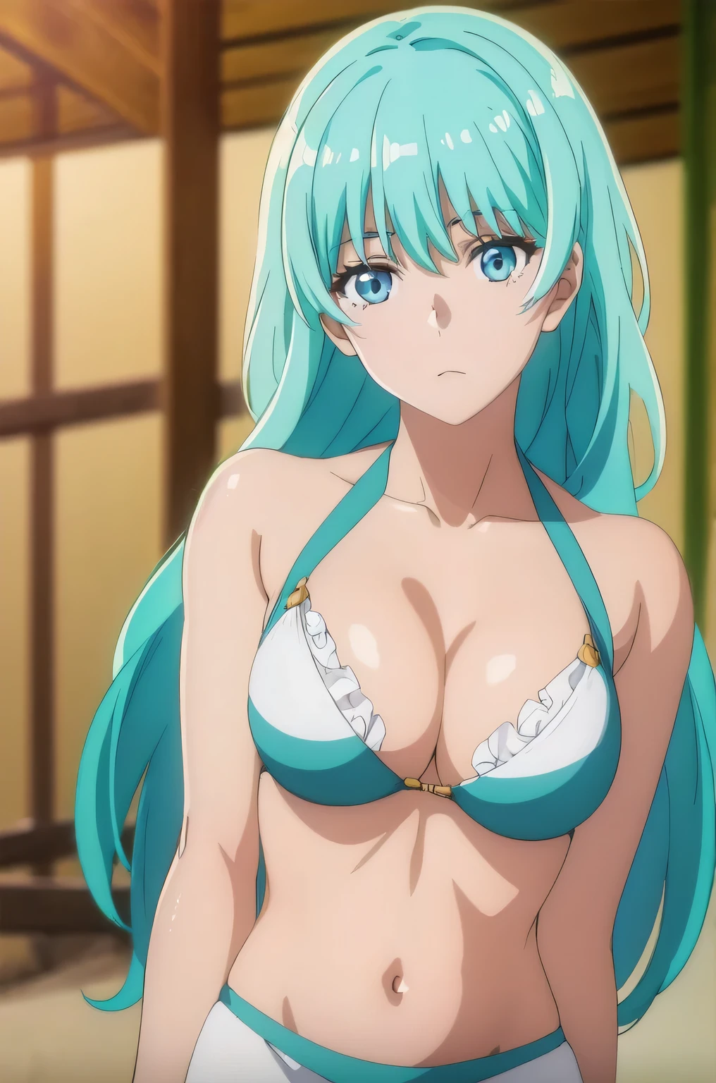 aqua hair, medium hair, blue eyes,photorealistic, (4k), (upper body), depth of field, (Masterpiece), (realistic skin texture), highly detailed, intricate, highly detailed, (upper body), professional photography, cover-up, bokeh, high resolution, sharp details, best quality,full body,((bikini))
