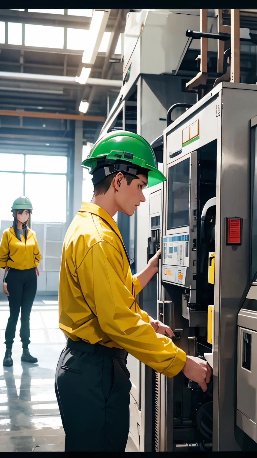 Male and female workers in work clothes among a row of molding machines and presses,They are both wearing helmets for safety..,The man is wearing work clothes consisting of a green jacket and grey underwear.。, The woman is wearing yellow work clothes..