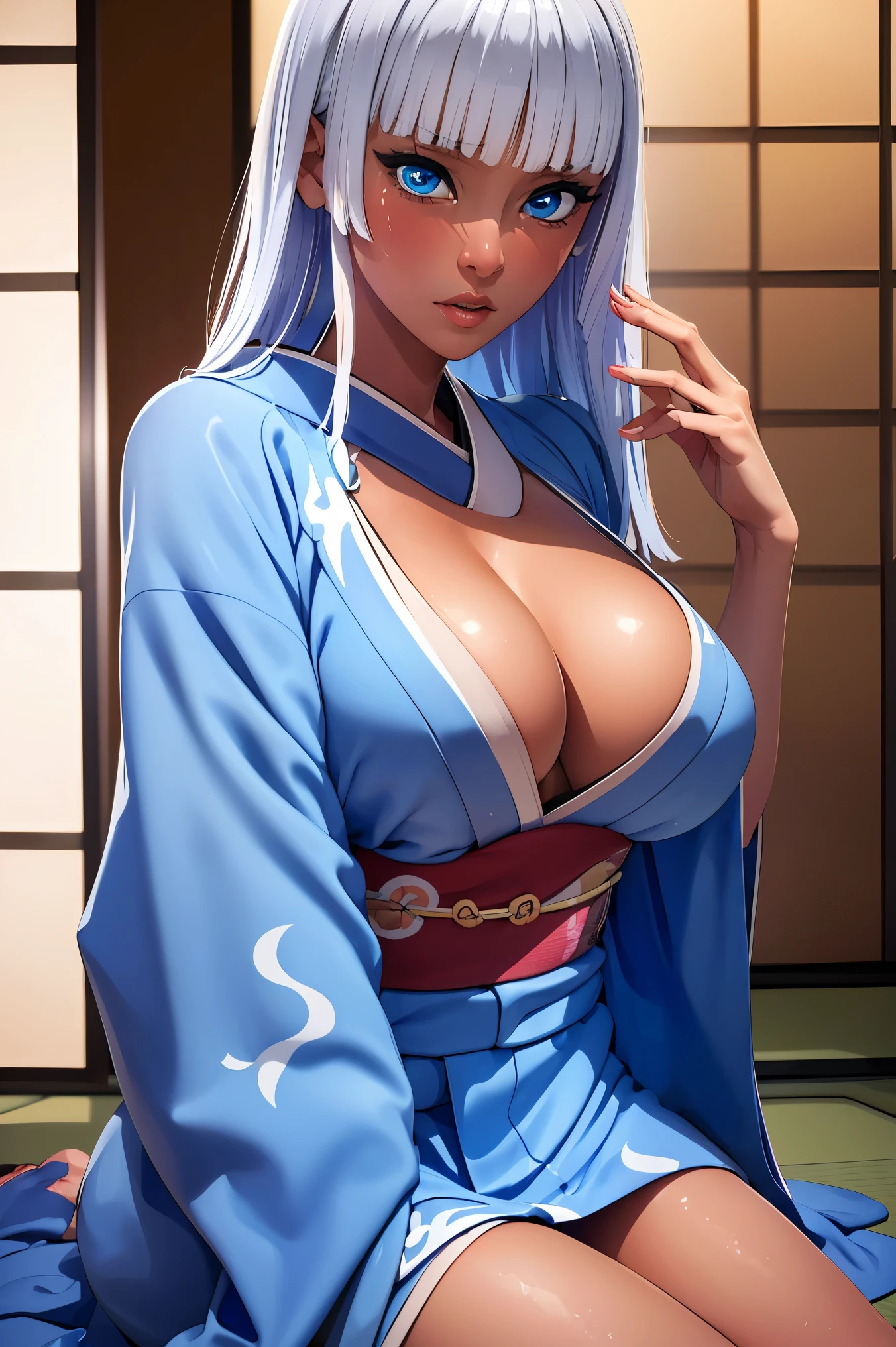 liliana 1girl, solo, long hair, looking at viewer, bangs, blue eyes, white hair, dark skin, blunt bangs, dark-skinned female,
BREAK ((Blue Yakata,kimono,japanese clothes:1.5)) 
BREAK poses in a miniskirt, and unbuttoned blouse, very sexy , (cleavage in V:1.3),
BREAK (masterpiece:1.2), best quality, high resolution, unity 8k wallpaper, (illustration:0.8), (beautiful detailed eyes:1.6), extremely detailed face, perfect lighting, extremely detailed CG, (perfect hands, perfect anatomy),