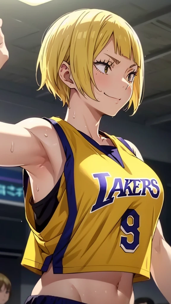 a close up of a person wearing a basketball uniform, a picture, inspired by Kentaro Miura, trending on pixiv, Saeko Tanaka, Haikyuu, short hair, wearing yellow nba jersey, yellow croptop nba jersey, wearing a low cut croptop, wearing croptop, croptop, written "Lakers" on the croptop, golden raito, (winking), shirobako, large)}], favorite scene, fine details. anime. skins, sweating, big breasts, both hands raised, armpits, armpits visible, dripping with sweat, more more sweat, sweaty armpits, smile