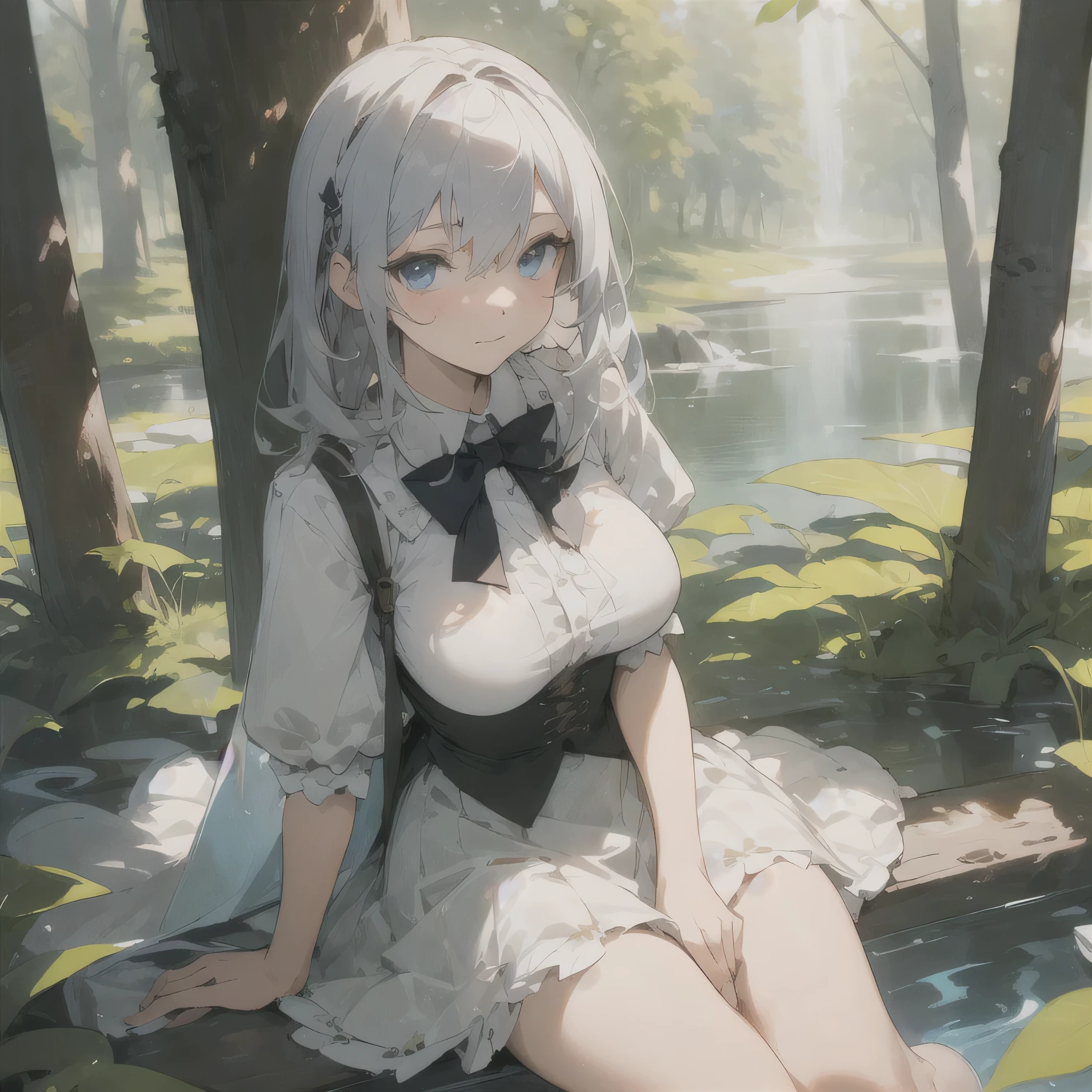 ((masterpiece)), expressionless, (((best quality))), ((illustration)), 1girl, ((solo)), (detailed face), (beautiful detailed eyes), light eyes, blue eyes, ((disheveled hair)), silver hair, full body, smile, blank stare, sitting, ((looking to the side)), bow tie hair band, white transparent long skirt, noble, mysterious, big breasts bright background, in forest, nature, sunshines through the leaves, butterfly, river, close-up, thighs slightly open