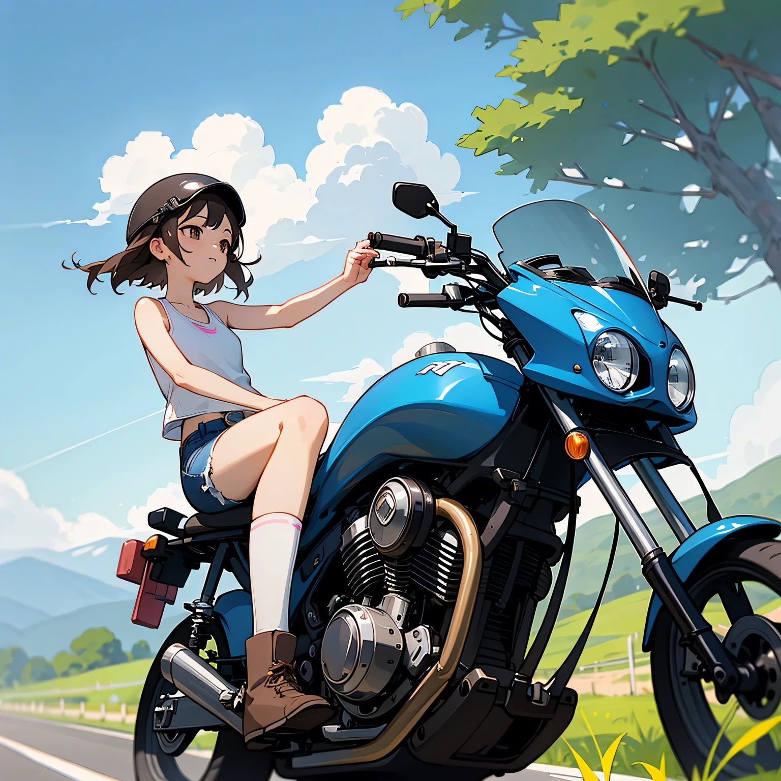Highest quality、A girl is riding a motorbike、Dark brown short cut、He is wearing a jet helmet with white and black lines running down the center of the helmet from front to back.、White tank top、Pink riders jacket、Denim shorts、White knee-high socks、Brown work boots、Japanese countryside scenery、Road beside the stream、Small creek、Dirt Road、Weeds grow along the side of the road、Blue sky、White clouds floating、Early summer sky、