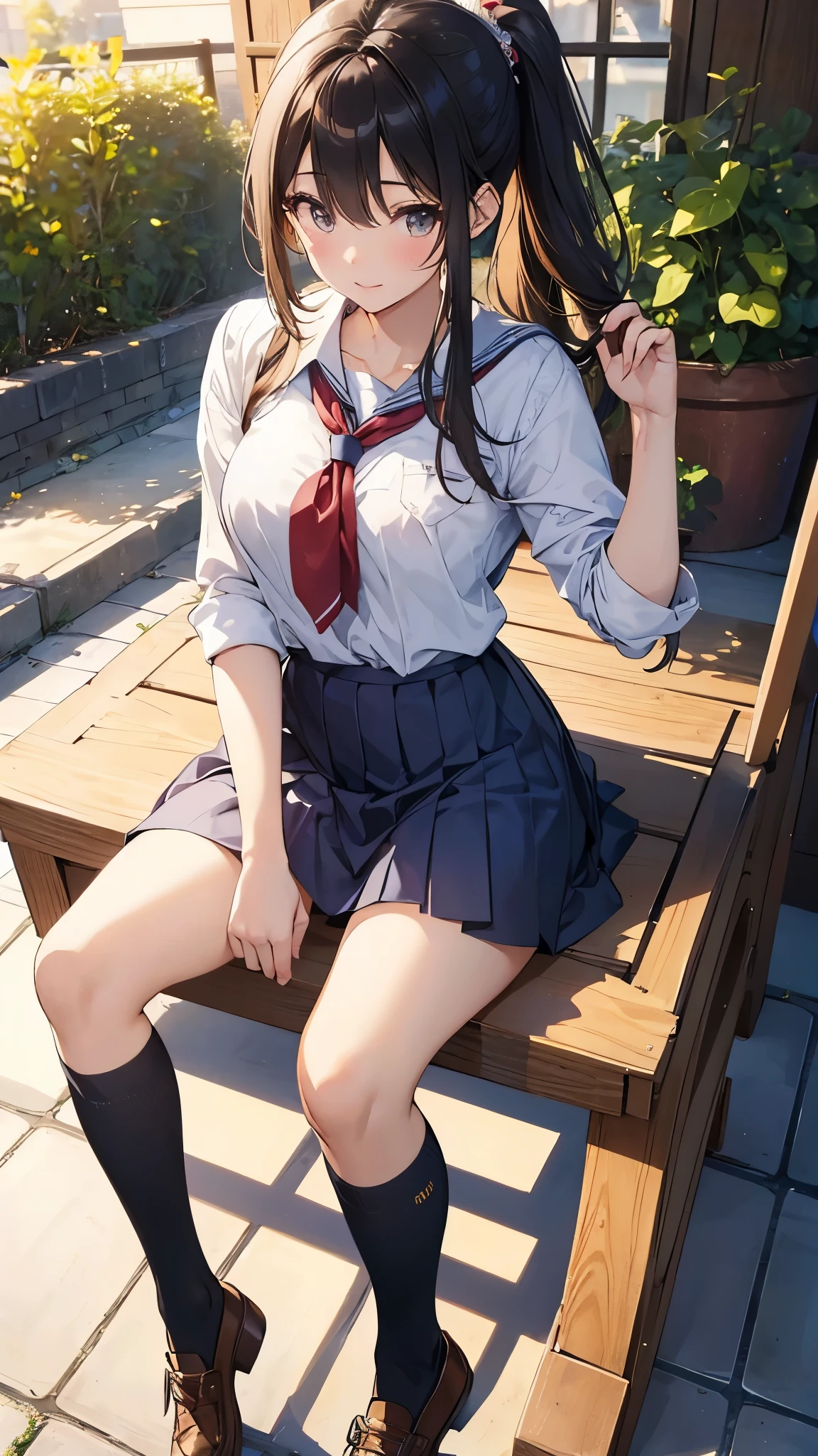 (masterpiece,highest quality,超A high resolution),Japanese women, (((Very beautiful 25 year old girl))), pretty girl、Look at the photographer、 ((Beautiful low ponytail)), Very cute face, Glossy Lips, Double eyelids on both eyes,Natural smile、 Natural Makeup, Long eyelashes, Shiny and smooth hair、Center image, Perfect limbs, Perfect Anatomy,(((school uniform))、School,