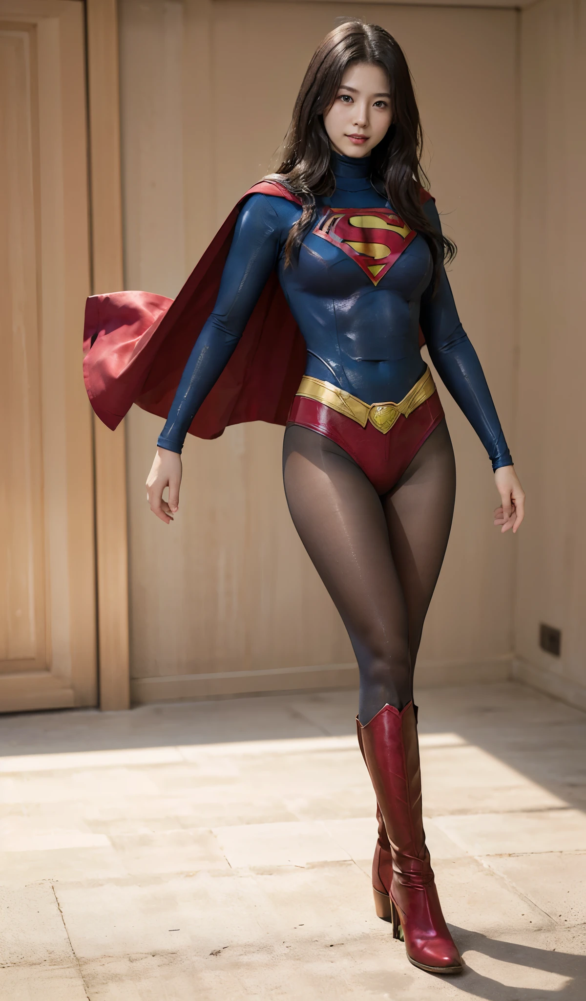 No background、(((Beautiful legs in black tights.)))、(((Legally express the beauty of your smile)))、((((Make the most of your original images)))、(((Supergirl Costume)))、(((Beautiful Hair)))、(((suffering)))、(((Please wear black tights....、Wear red boots)))、((Best image quality、8K))、((highest quality、8K、masterpiece:1.3))、(((Preserve background )))、Sharp focus:1.2、Beautiful woman with perfect figure:1.4、Thin abdominal muscles:1.2、Wet body:1.5、Highly detailed face and skin texture、8K